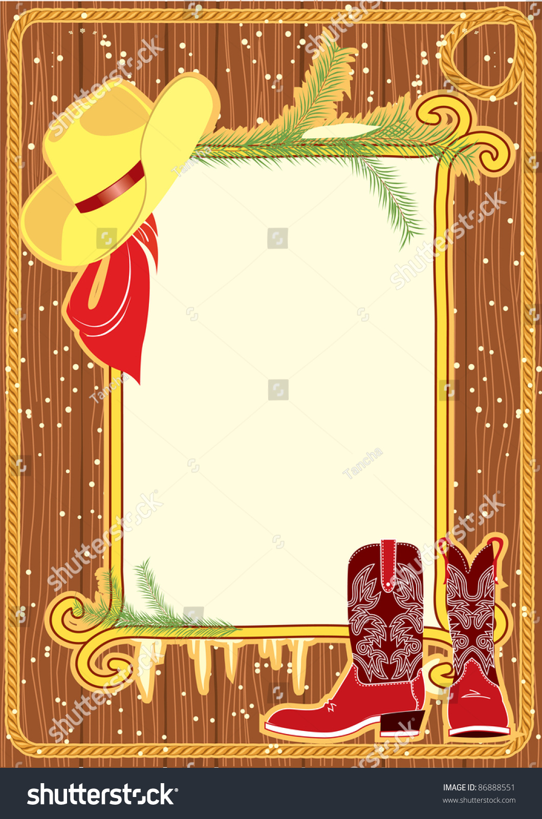 Billboard Frame With Cowboy Hat And Boots.Vector Christmas Background ...