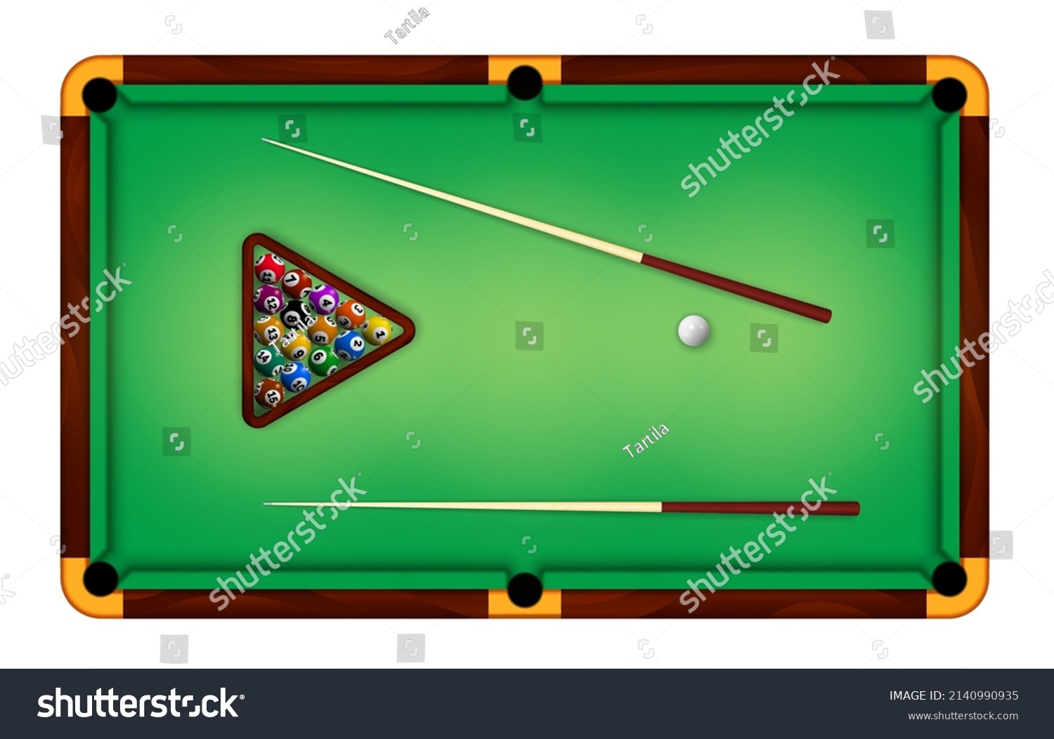 SVG of Billiard green table top view with balls and cue sticks. Realistic american pool game felt field for gamble sport tournament vector concept. Professional equipment for sport or hobby svg