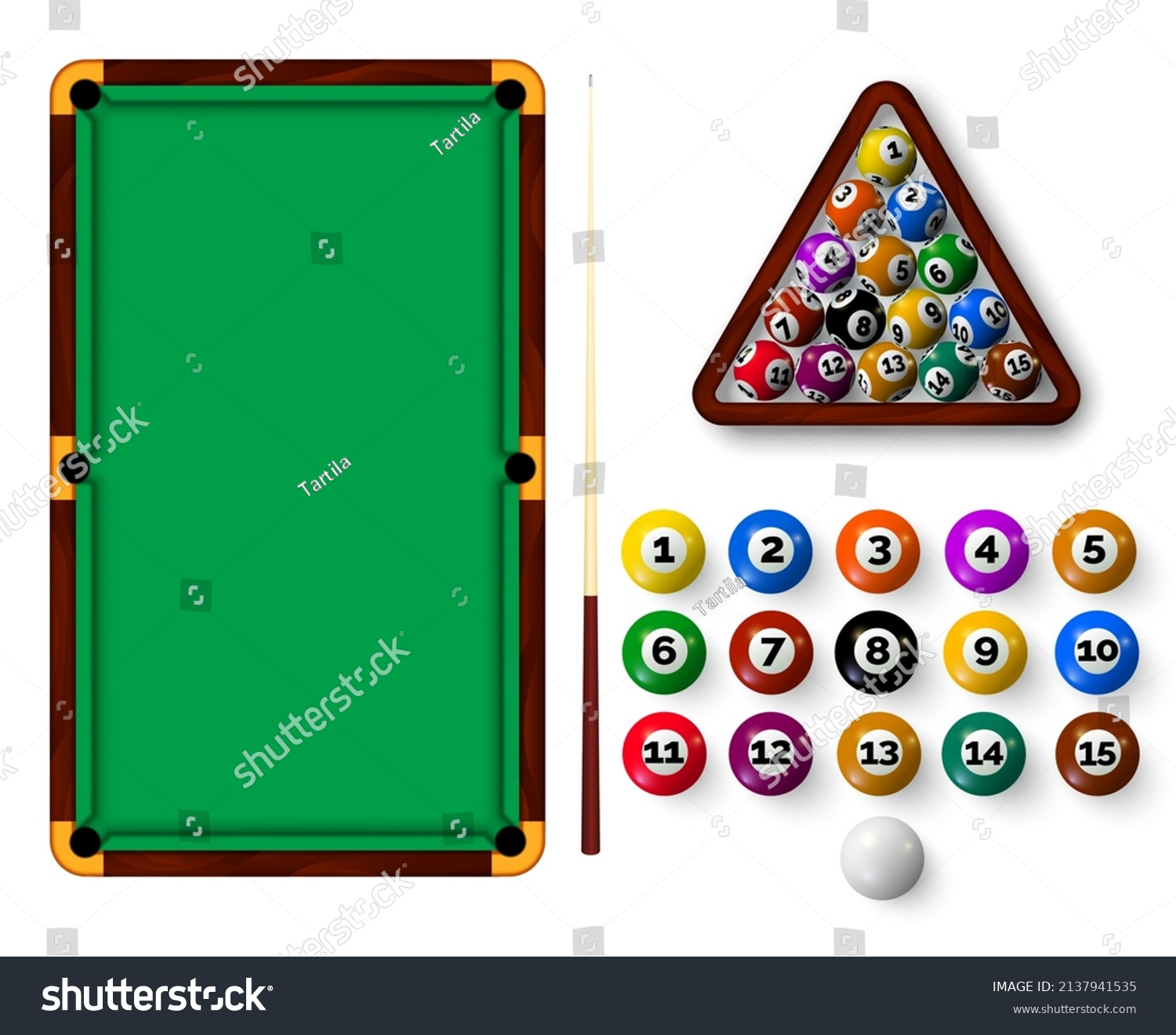 SVG of Billiard table with pockets, balls, triangle rack and cue. Realistic snooker sport equipment, green pool table top view and ball vector set. Game for entertainment and recreation or professional sport svg