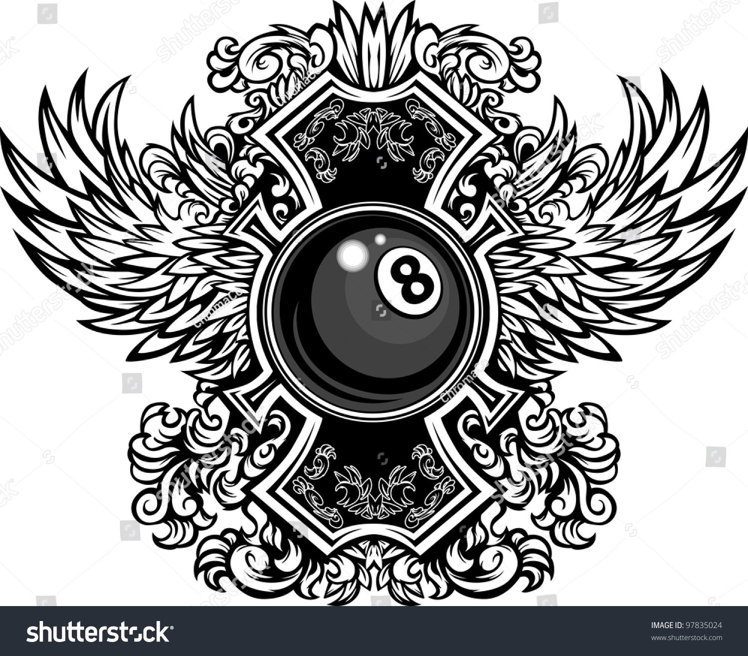 Billiards Or Pool Eight Ball With Ornate Wing Borders Vector Graphic ...