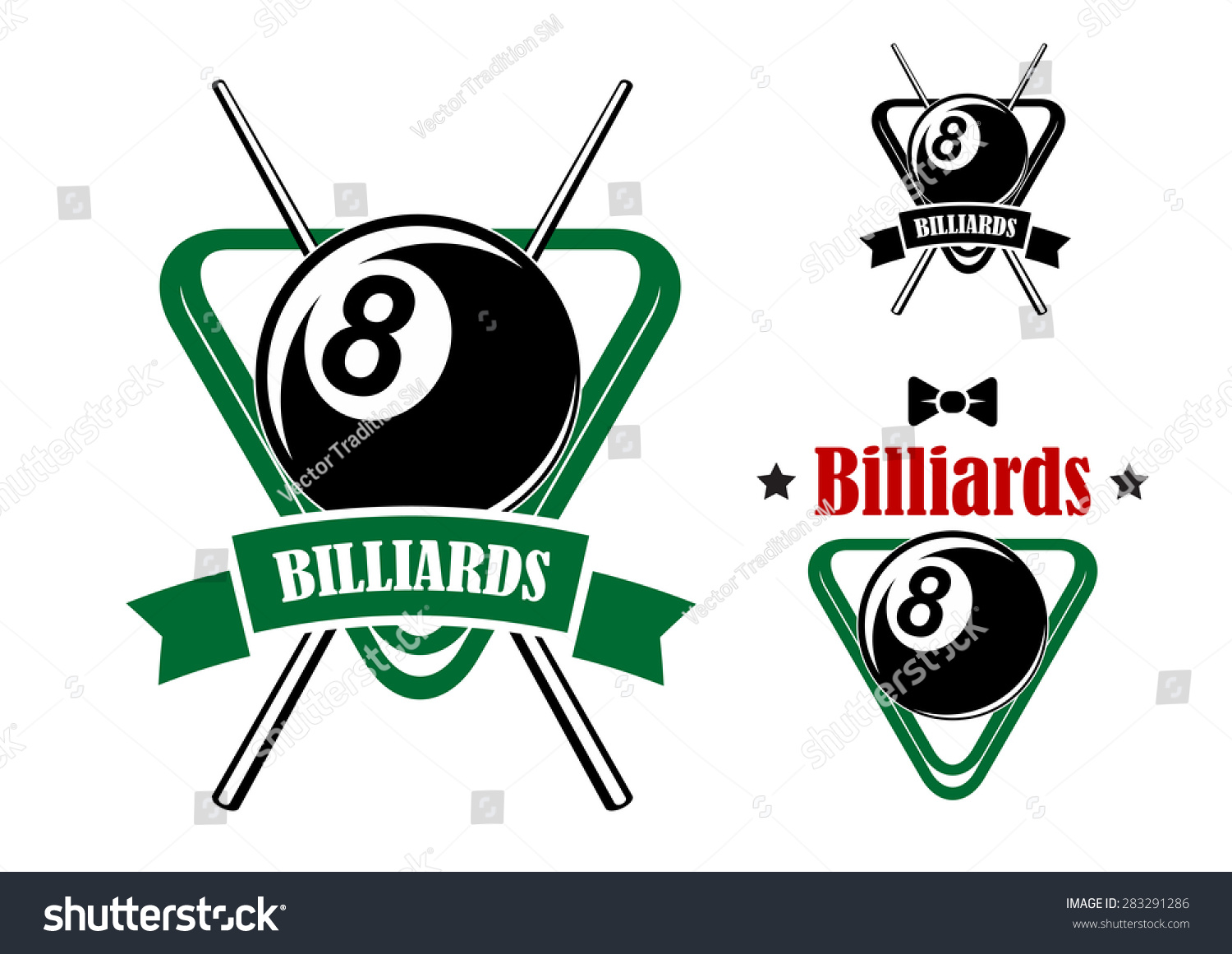 Billiards Or Pool Game Emblems With Balls In The Triangle Racks, Stars ...