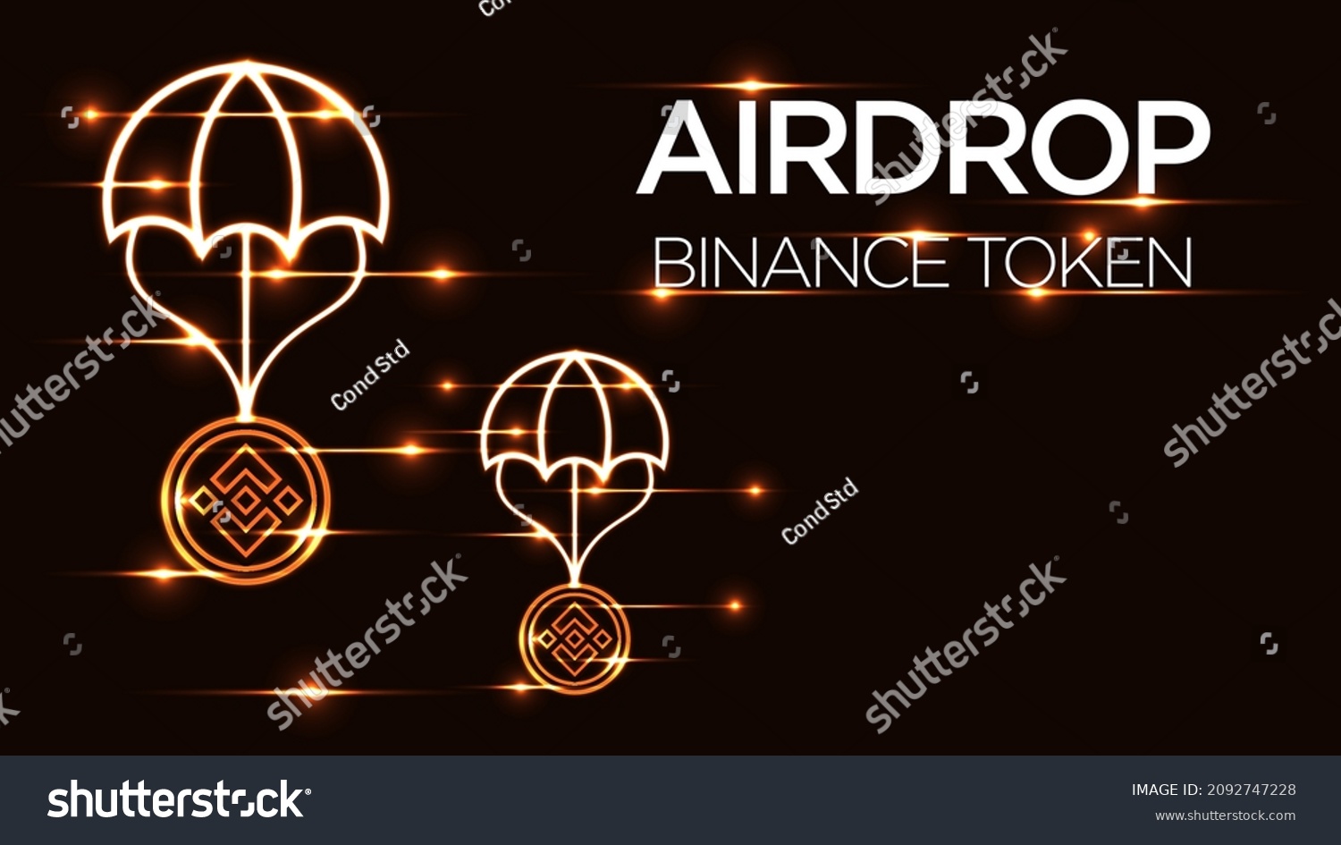 SVG of Binance crypto currency airdrop golden background, BNB token with parachute illustration, blockchain prizes. svg