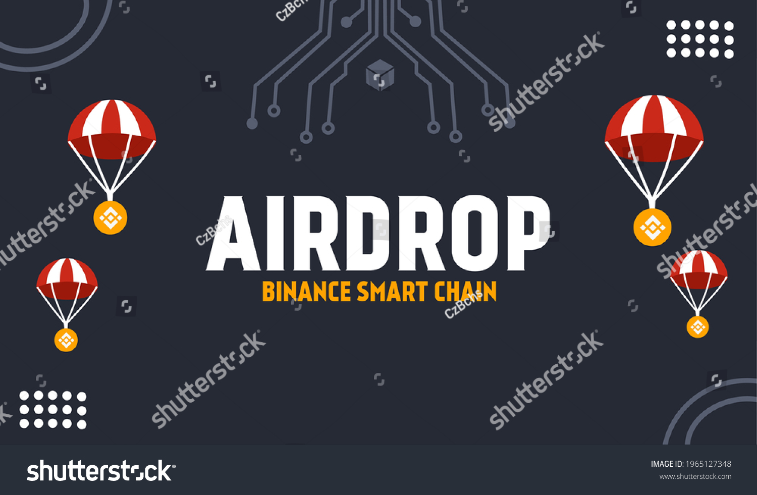 SVG of binance smart chain airdrop on black background with parachute, modern ornament.  illustration for crypto airdrop, financial future.  simple flat minimalist vector eps 10 svg