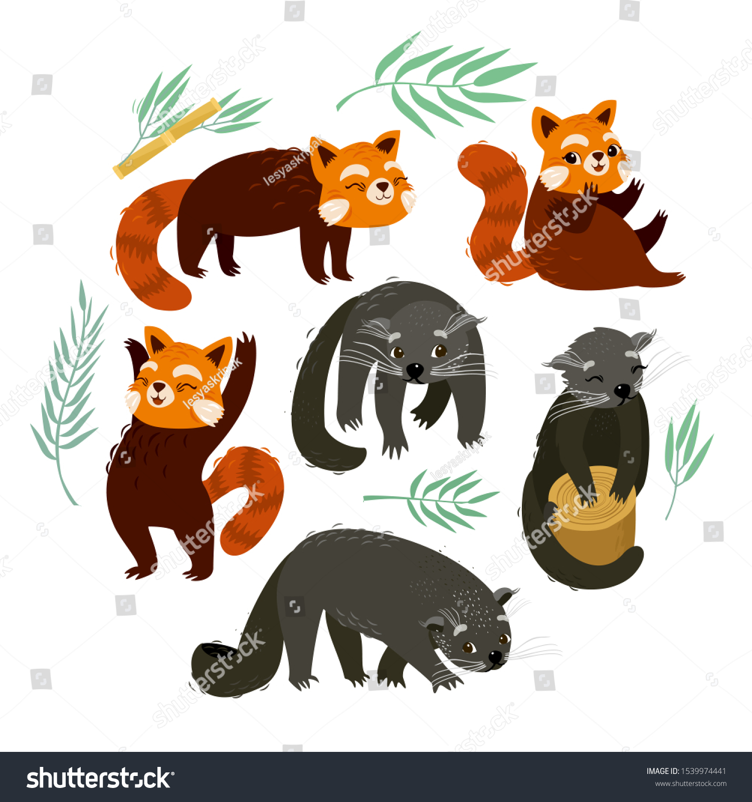 SVG of Binturong and the red panda. Cute animals at the zoo. Tropical plants svg