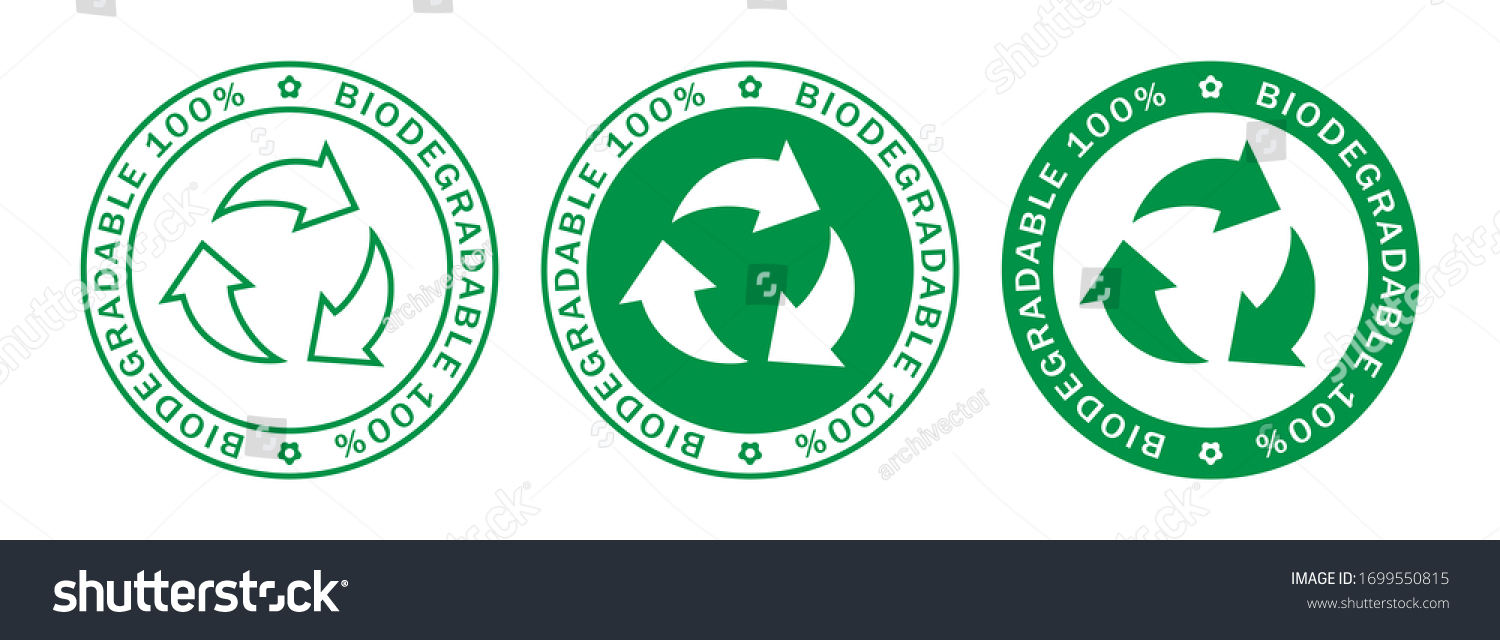 SVG of Biodegradable on 100% label stamps icon set. Recyclable and biodegradable packaging logo signs isolated on white background. Vector illustration svg