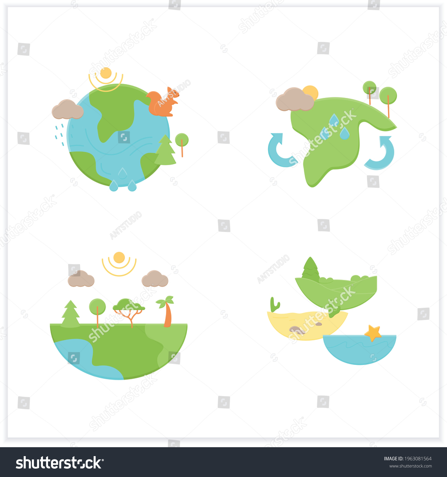 SVG of Biodiversity flat icons set.Reduce air pollution. Fighting global warming. Saving flora and fauna.Species diversity ecosystem icons.Biodiversity concept.3d vector illustrations svg