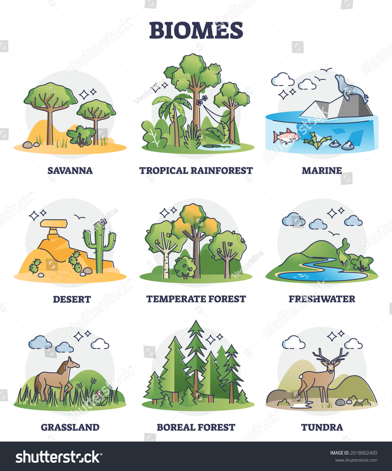 SVG of Biomes as biogeographical climate zones division in outline collection set. Different weather environments and habitat description vector illustration. Savanna, marine, desert and tundra examples. svg
