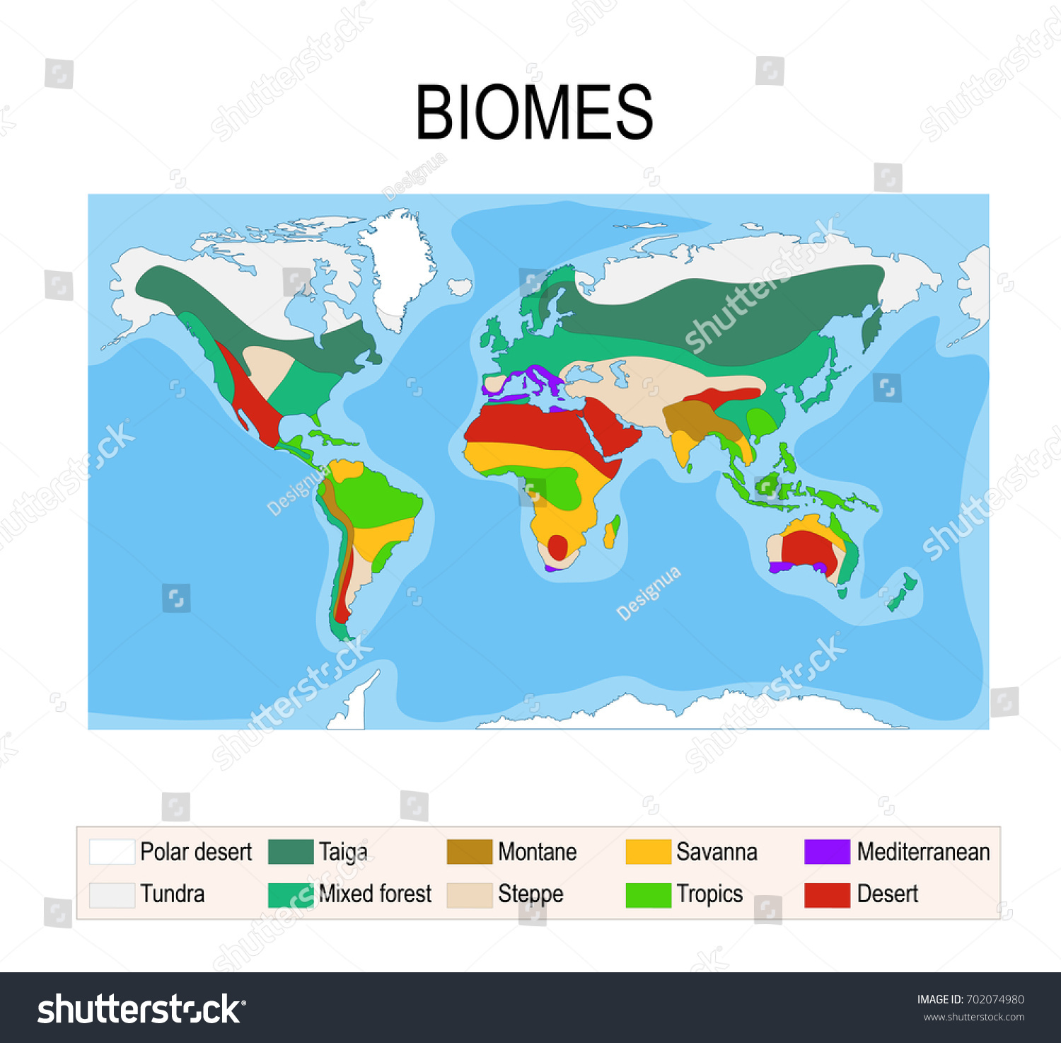 SVG of Biomes. Terrestrial ecosystem is a community of living organisms. Biotope: montane, desert, tropics, savanna, steppe, mediterranean, mixed forest, taiga, tundra and polar desert. Vector map svg