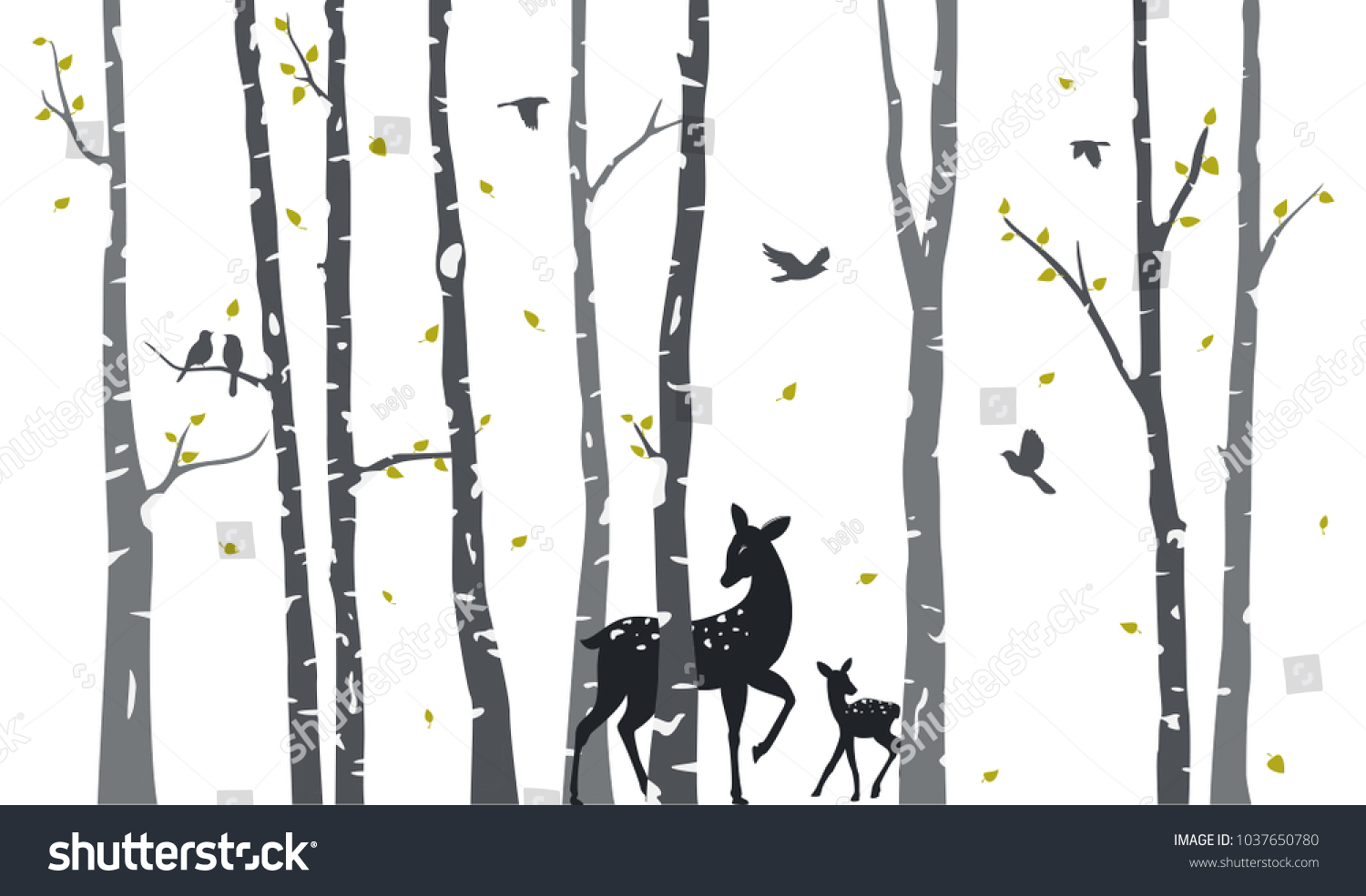 SVG of Birch Tree with deer and birds Silhouette Background svg