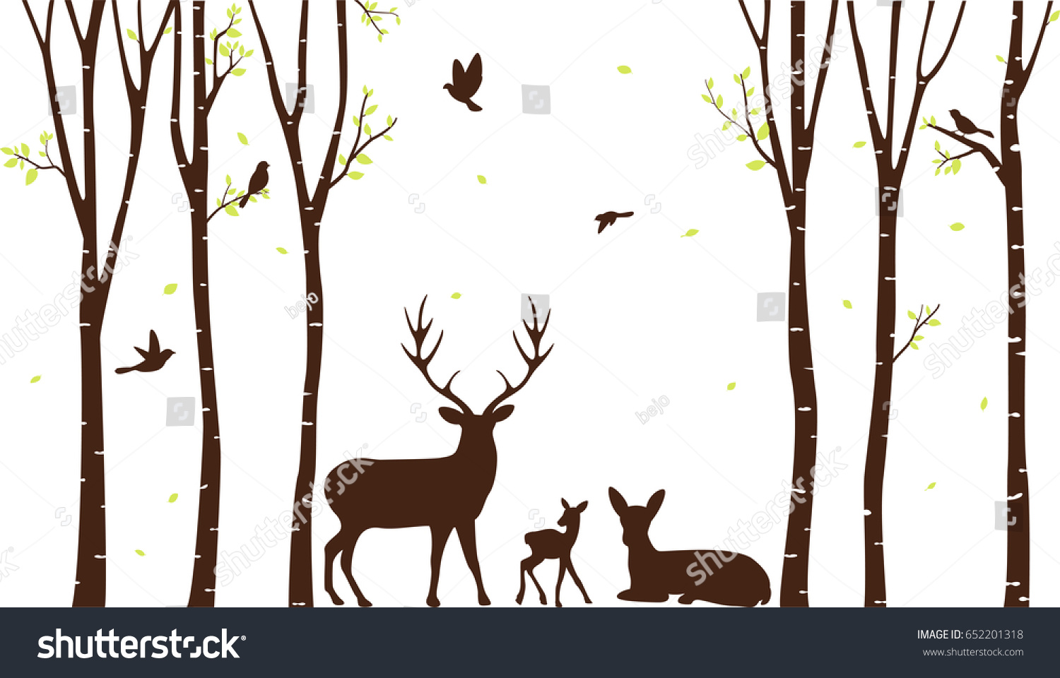 SVG of Birch Tree with deer and birds Silhouette Background svg