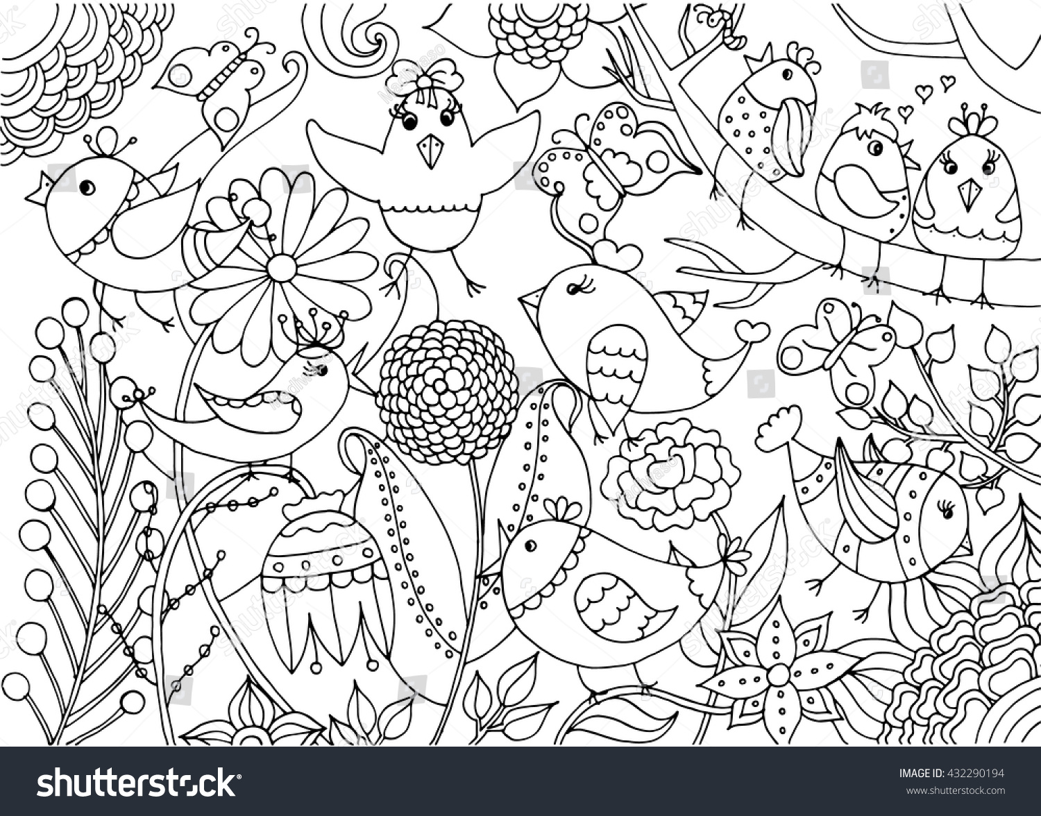 Birds and flowers coloring page Black and white illustration can be used for coloring book