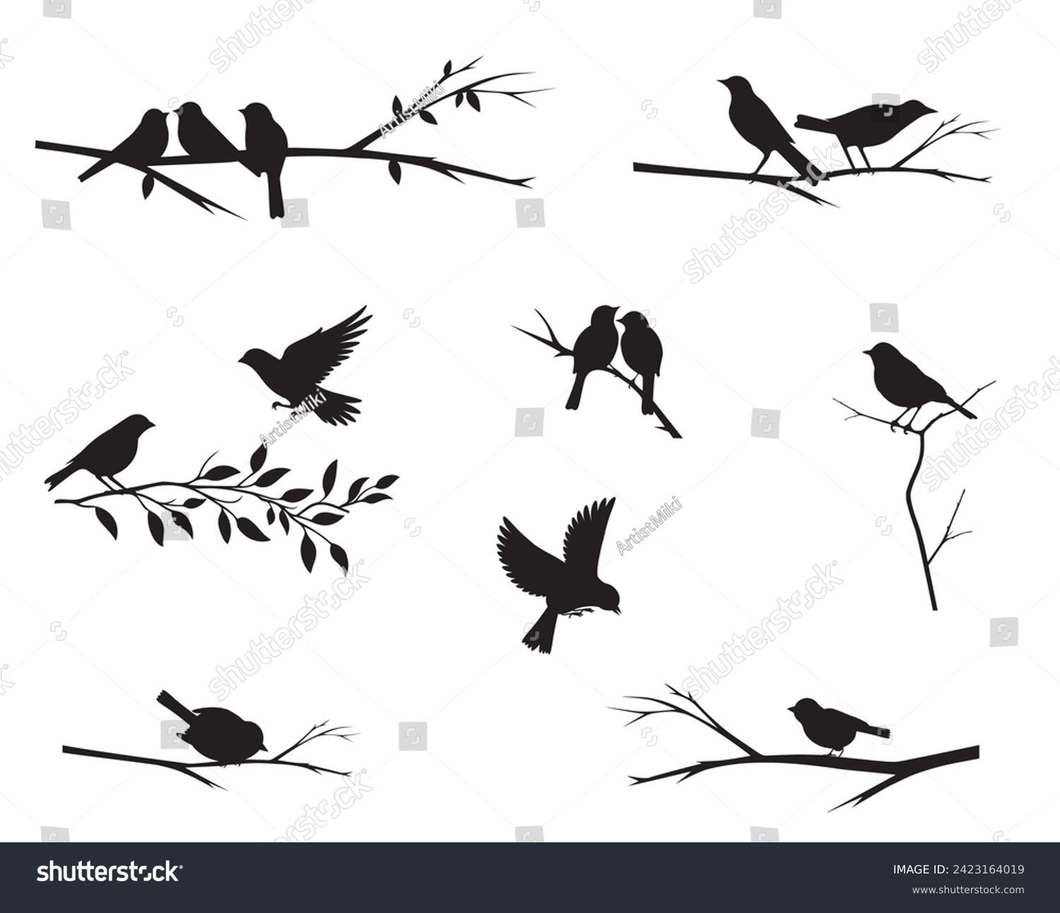 SVG of Birds on branch silhouette set, vector illustration isolated on white background. Wall decals, wall artwork, birds on tree design, birds silhouette. Art design, wall design  svg
