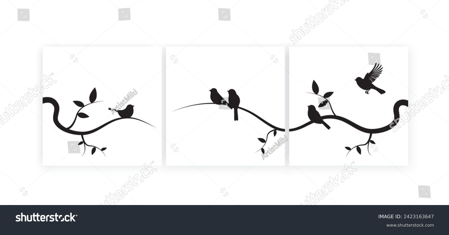 SVG of Birds on branch silhouette vector. Black and white wall artwork, birds on tree design, birds silhouette. Art design isolated on white background, three pieces poster design svg