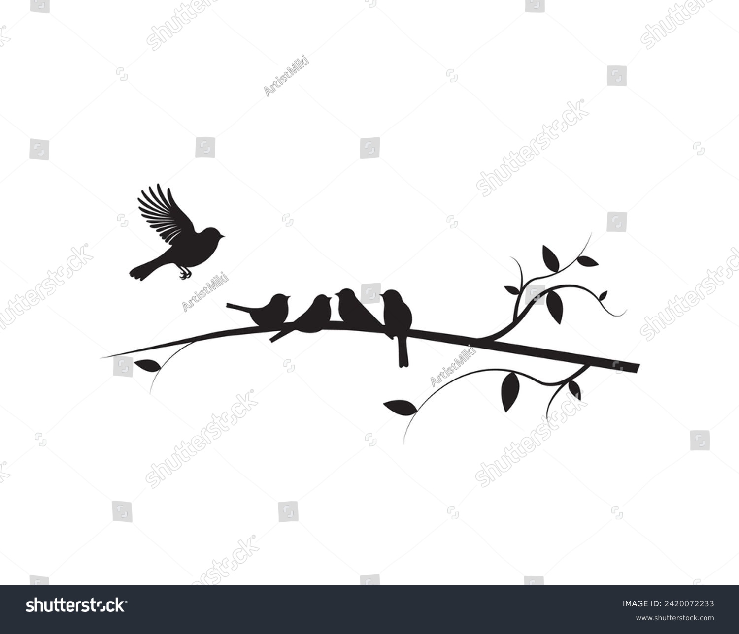 SVG of Birds on branch silhouette vector. Wall decals, wall artwork, birds on tree design, birds silhouette. Art design, wall design isolated on white background, poster design svg