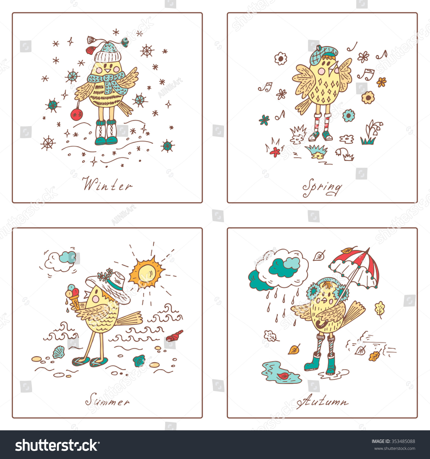 Birds Set Seasons Set Four Seasons Stock Vector 353485088 ...