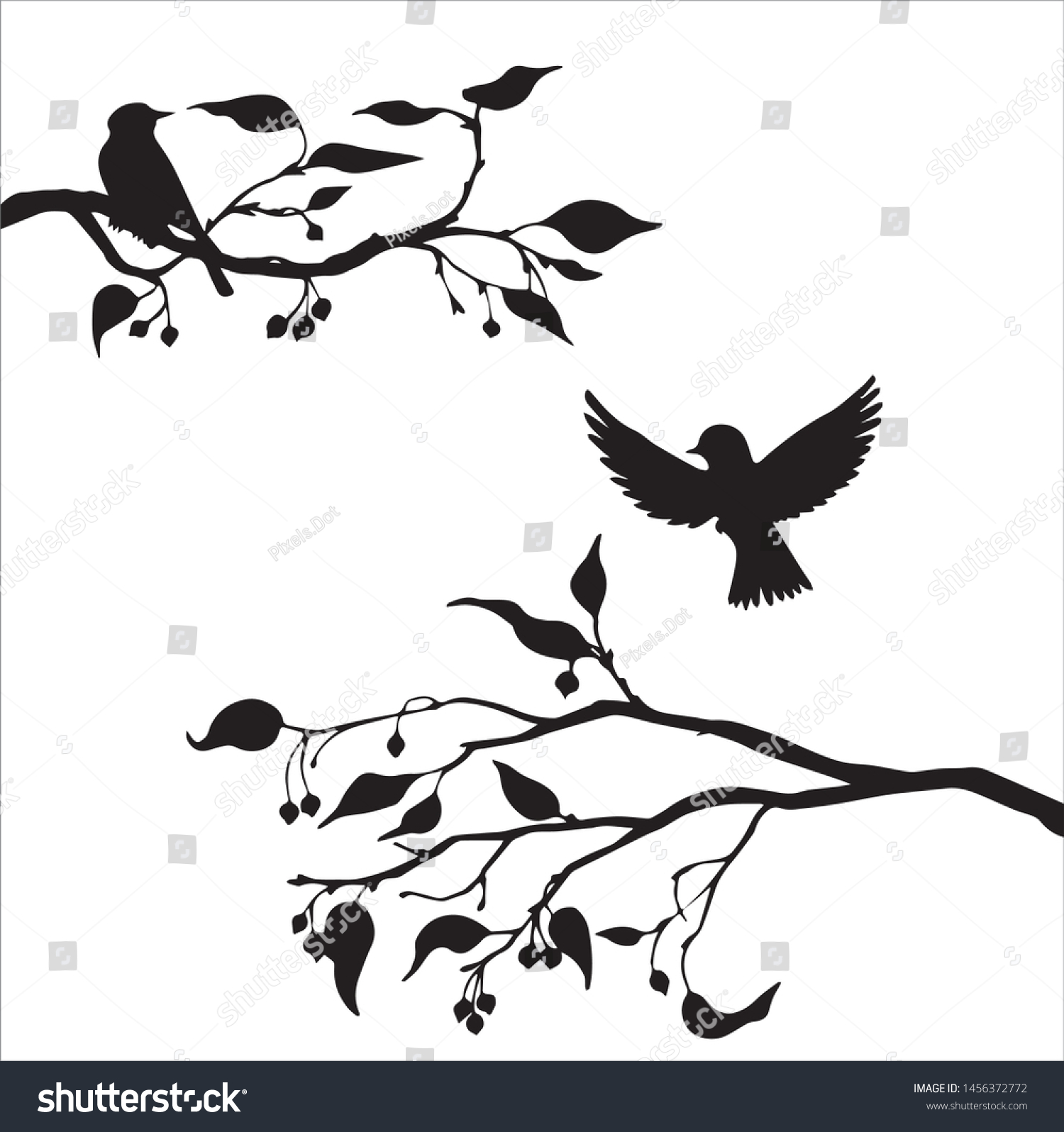 Birds Sitting On Tree Branch Silhouette Stock Vector (Royalty Free ...