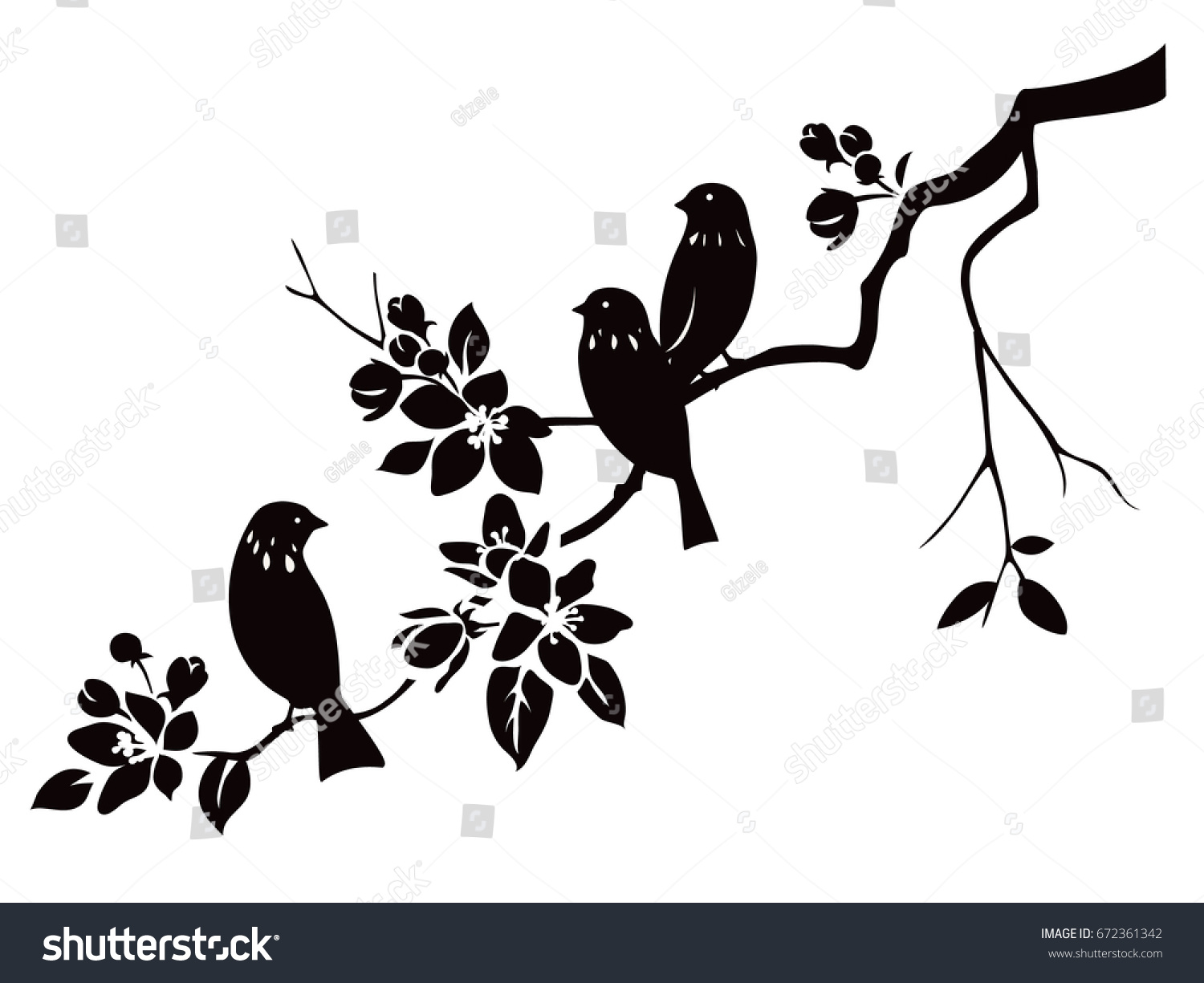 Birds Sitting On Twig Flowers Vector Stock Vector (Royalty Free) 672361342