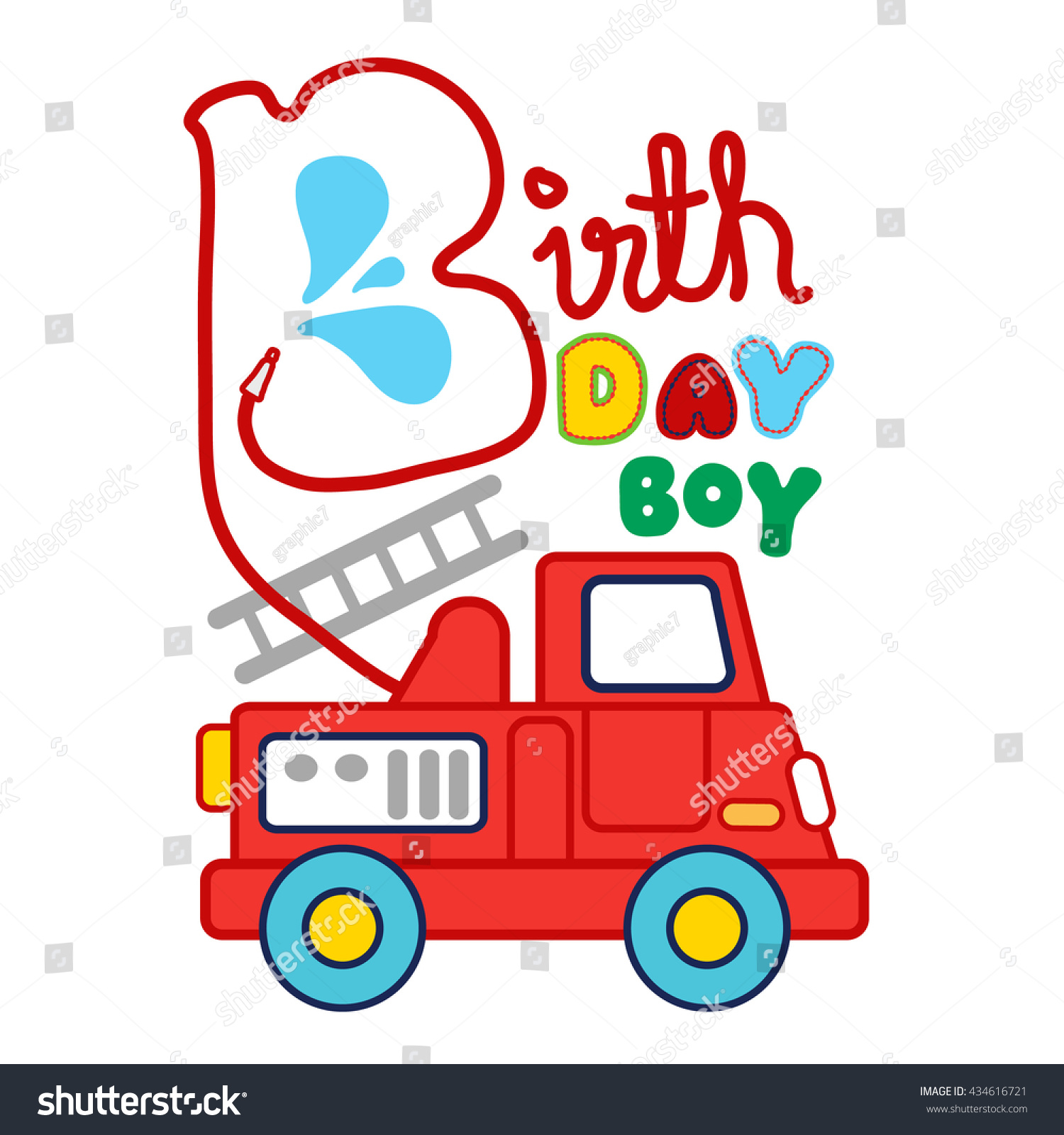 birthday boy typo firetruck illustration textile stock vector