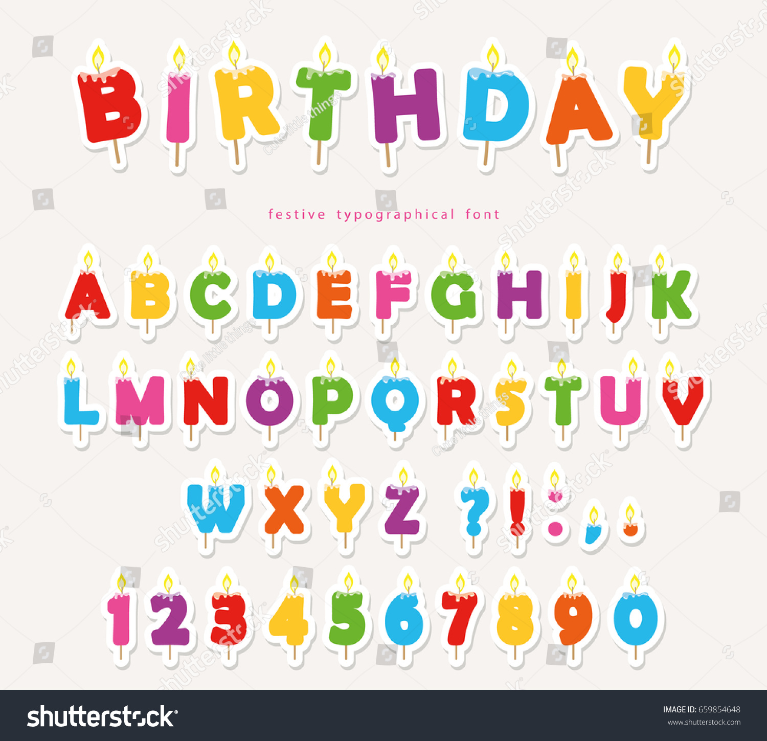 SVG of Birthday candles colorful font design. Bright festive ABC letters and numbers. Paper cutout stickers. svg
