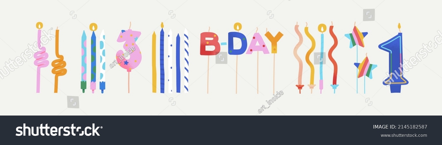 SVG of Birthday candles in different shapes collection. Wax figures with colorful stripes, dots, waves, zig zag pattern. Set of cake decoration with age numbers, text, firework, star, hearts. Trendy vector svg