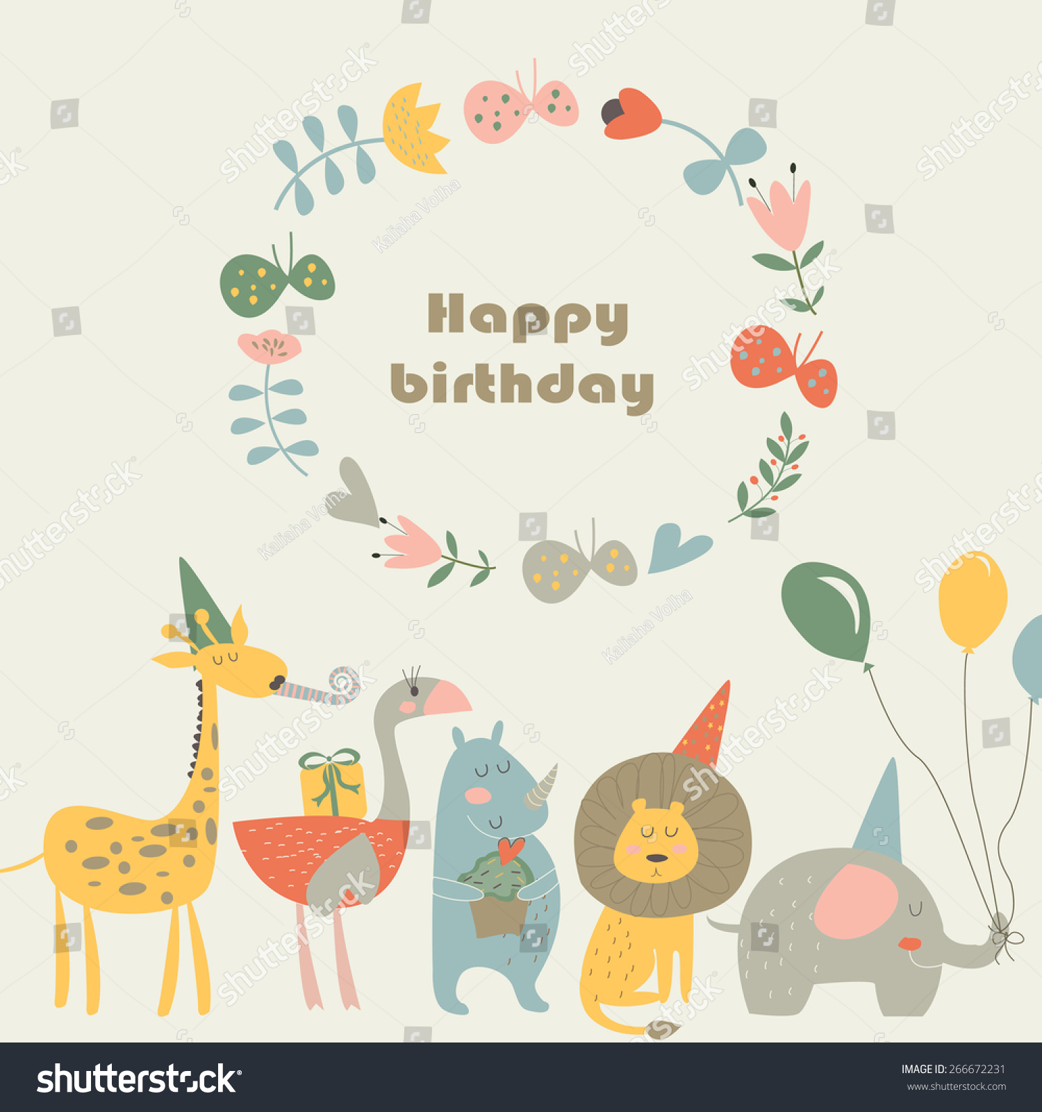 Birthday Card With Africa Animals. Cute Lion, Elephant, Rhino, Ostrich ...