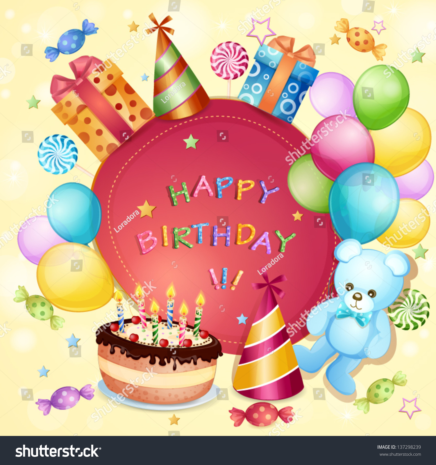 Birthday Card Birthday Cake Balloons Gifts Stock Vector