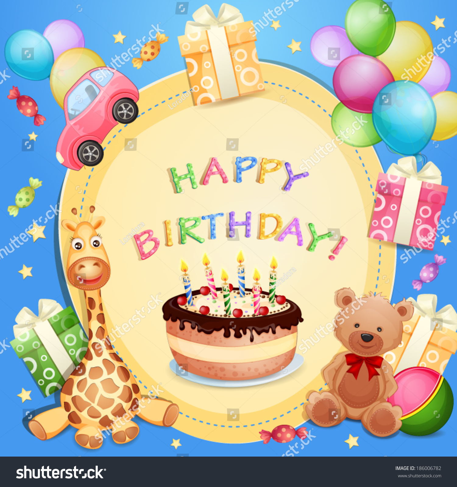 Birthday Card Birthday Cake Balloons Gifts Stock Vector