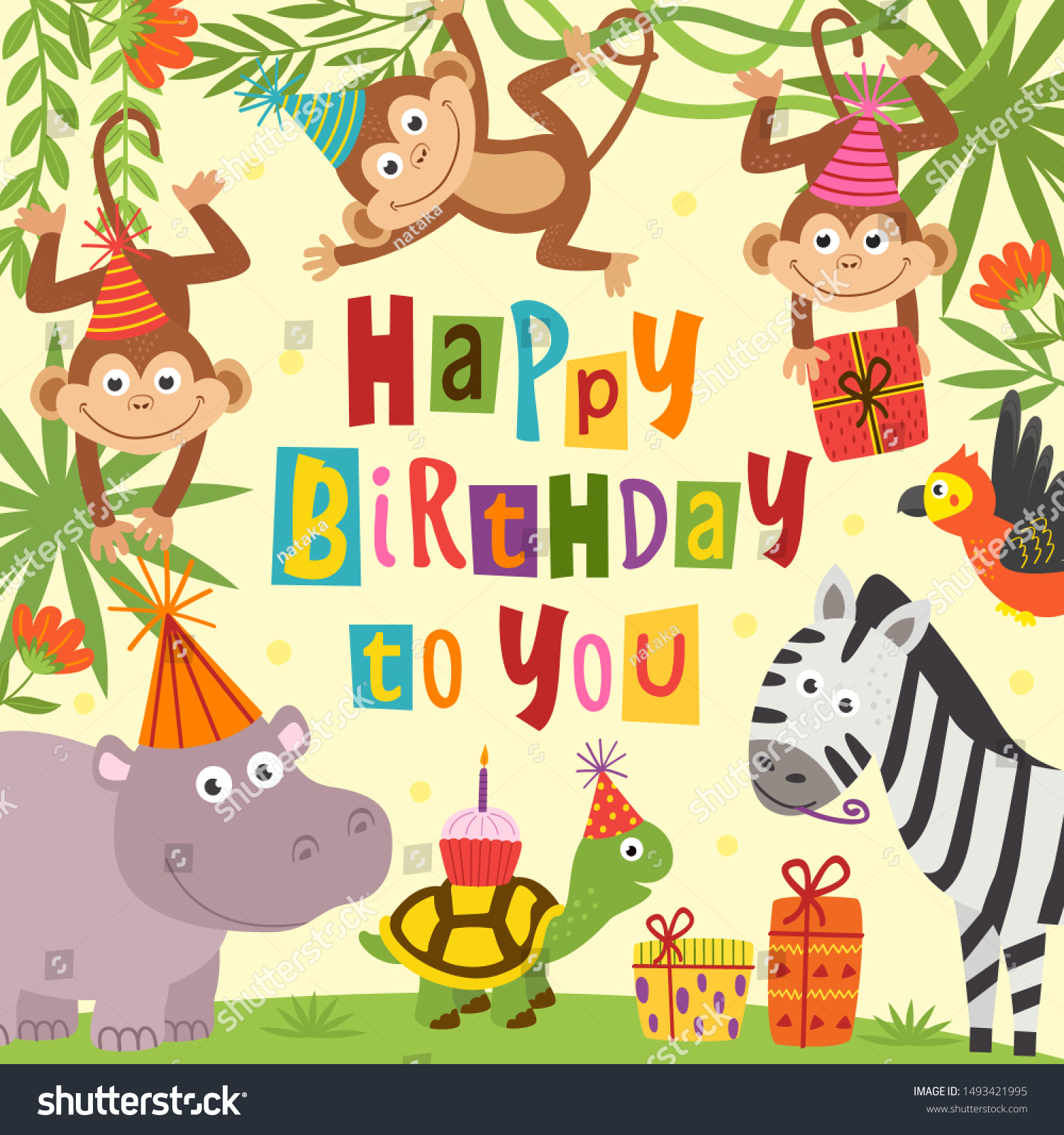 Birthday Card Cheerful Jungle Animals Vector Stock Vector (Royalty Free ...