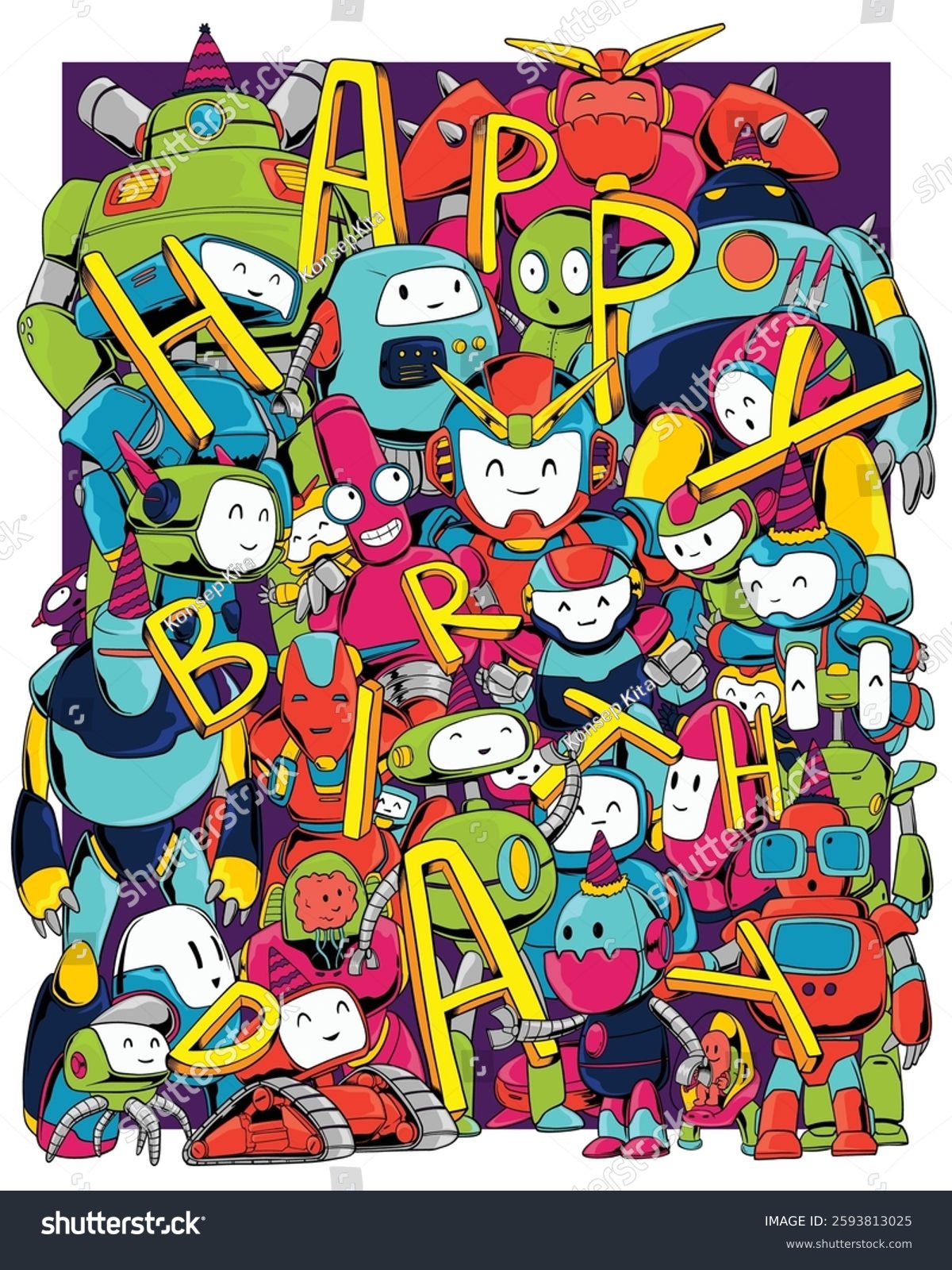 colorful robots happy birthday party cartoon clip art preview