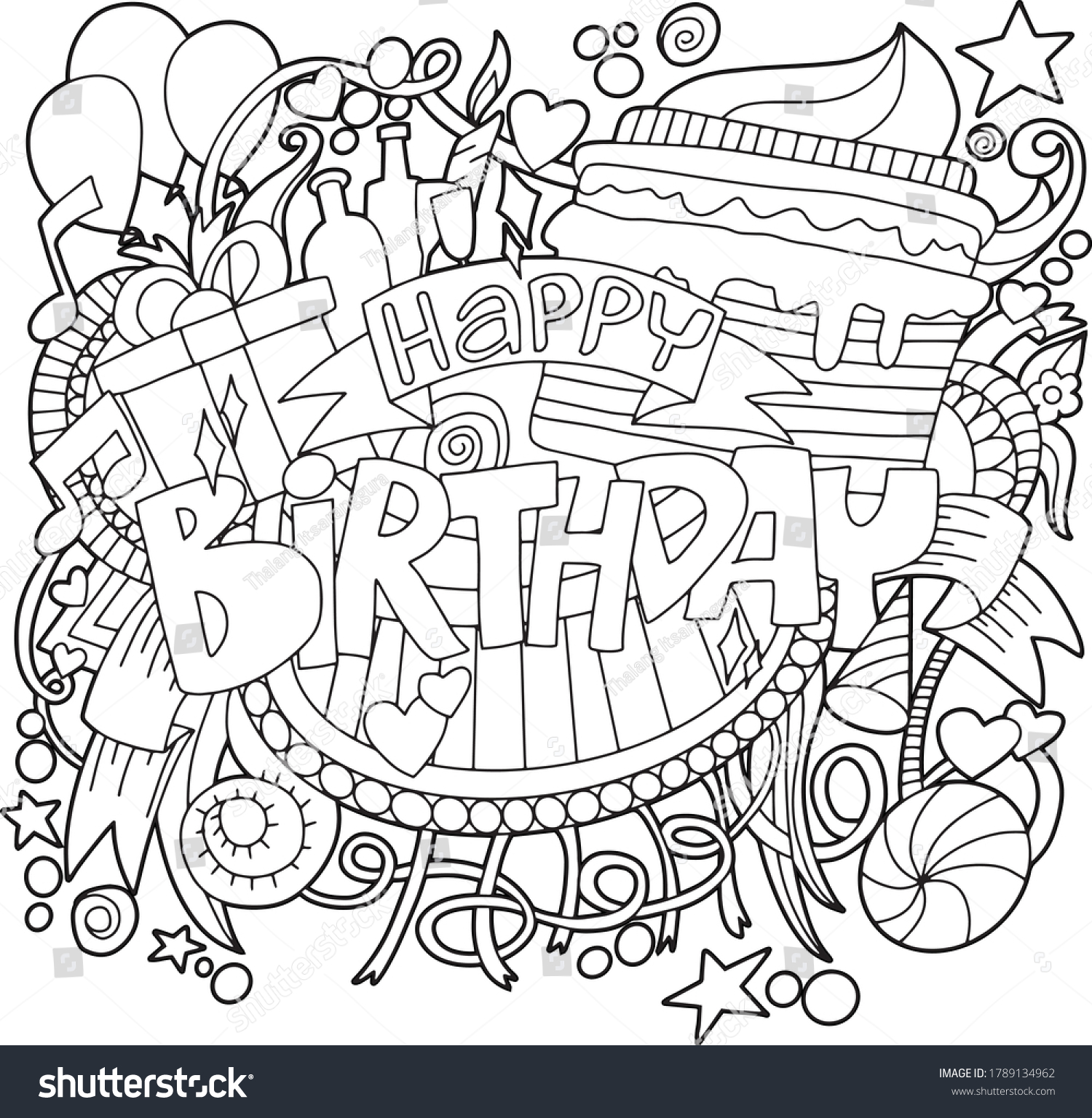 Birthday Doodle Hand Drawn Illustrations Greeting Stock Vector (Royalty ...