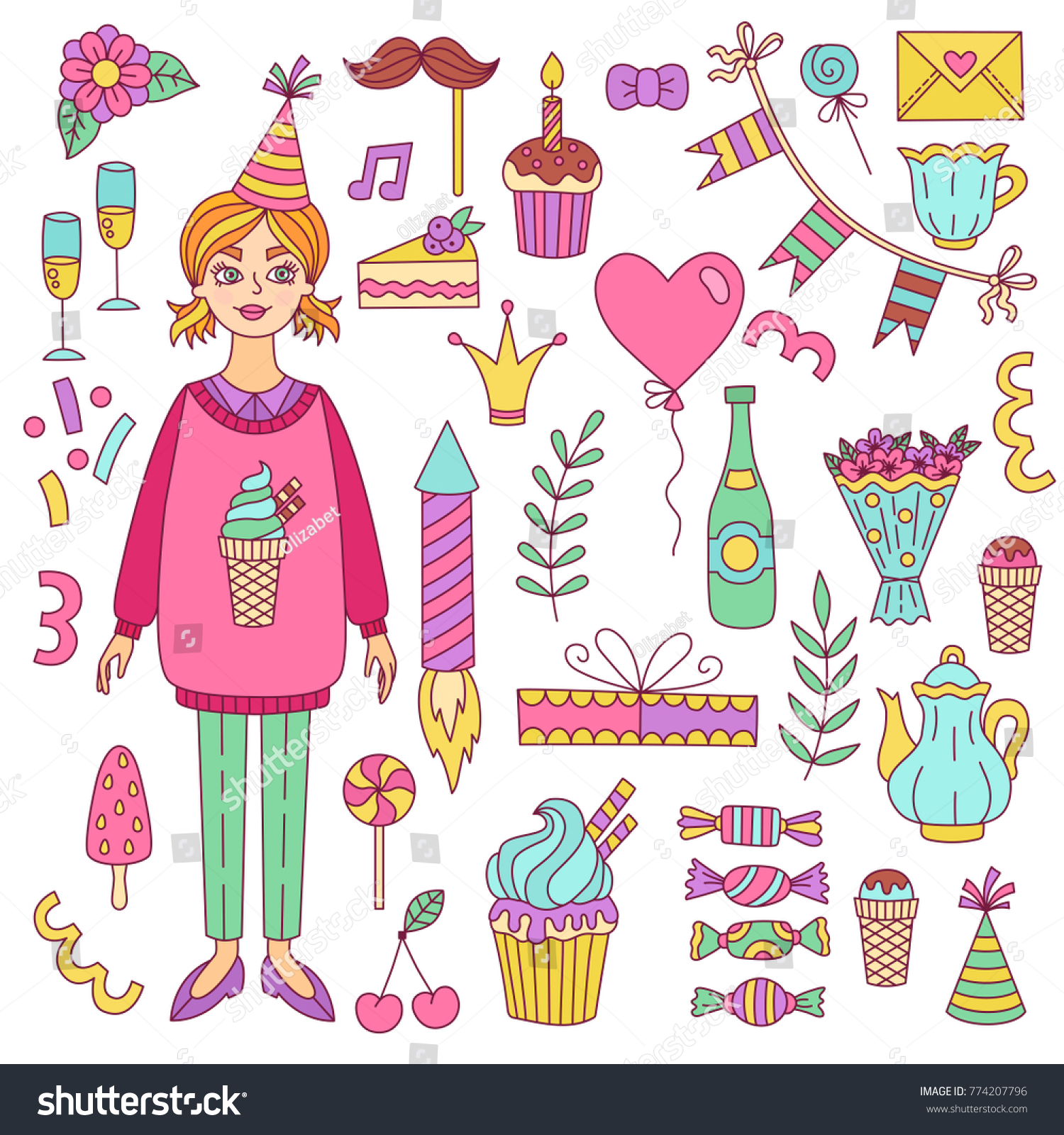 Birthday Doodle Icons Birthday Girl Party Stock Vector Royalty Free