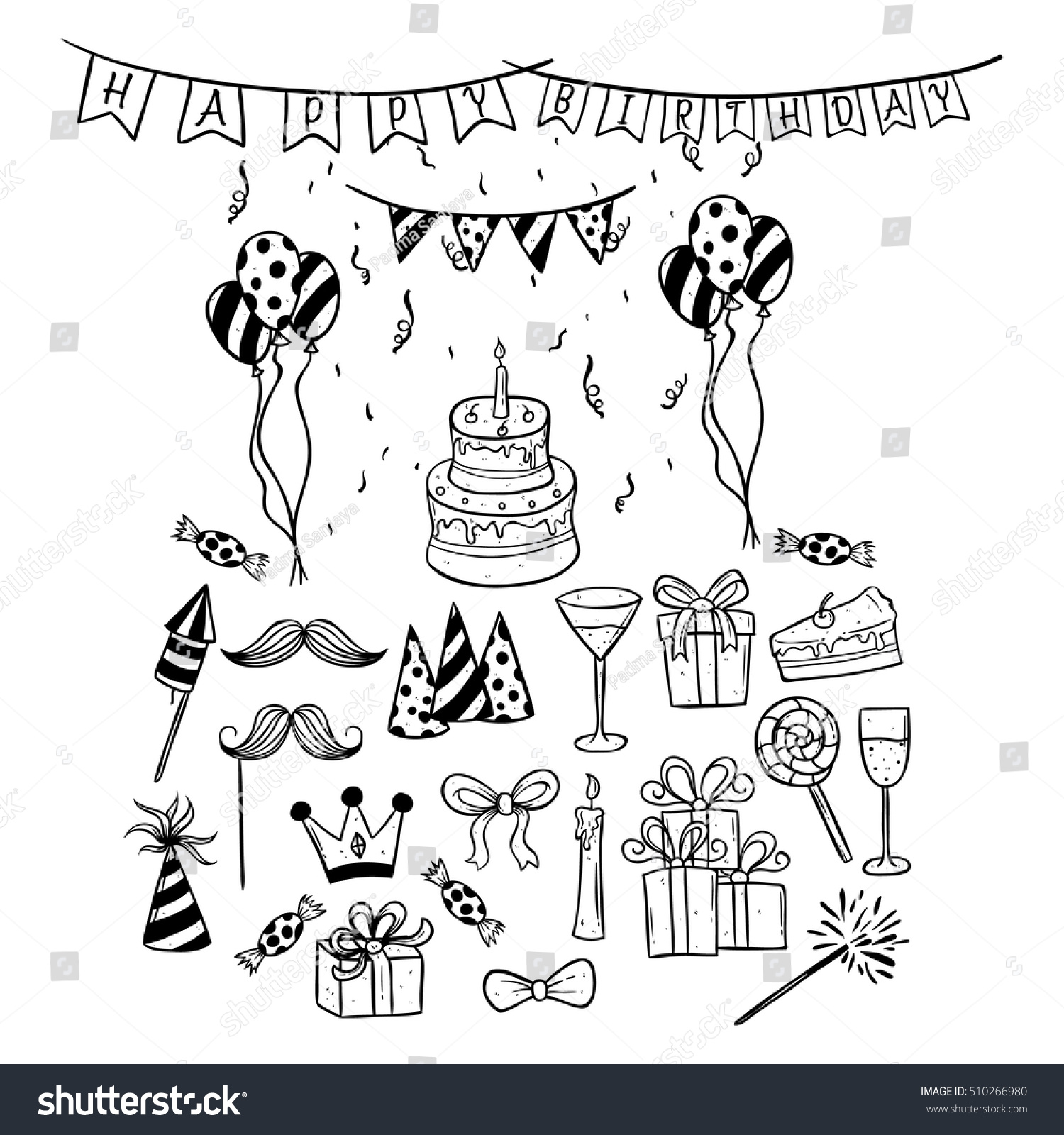 Birthday Icons Set Using Hand Drawing Or Doodle Art EZ Canvas