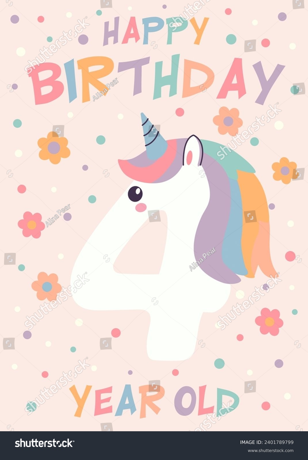 SVG of Birthday invitation card design with number and unicorn. Four year. Vector illustration of template on pastel background. Invitation for children and adults. Ready to use and editable template. svg