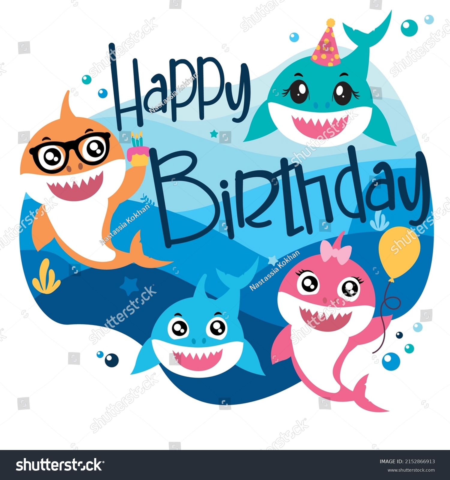 SVG of Birthday shark poster svg vector Illustration isolated on white background. Shark birthday party decor. Сard for birthday kids party svg