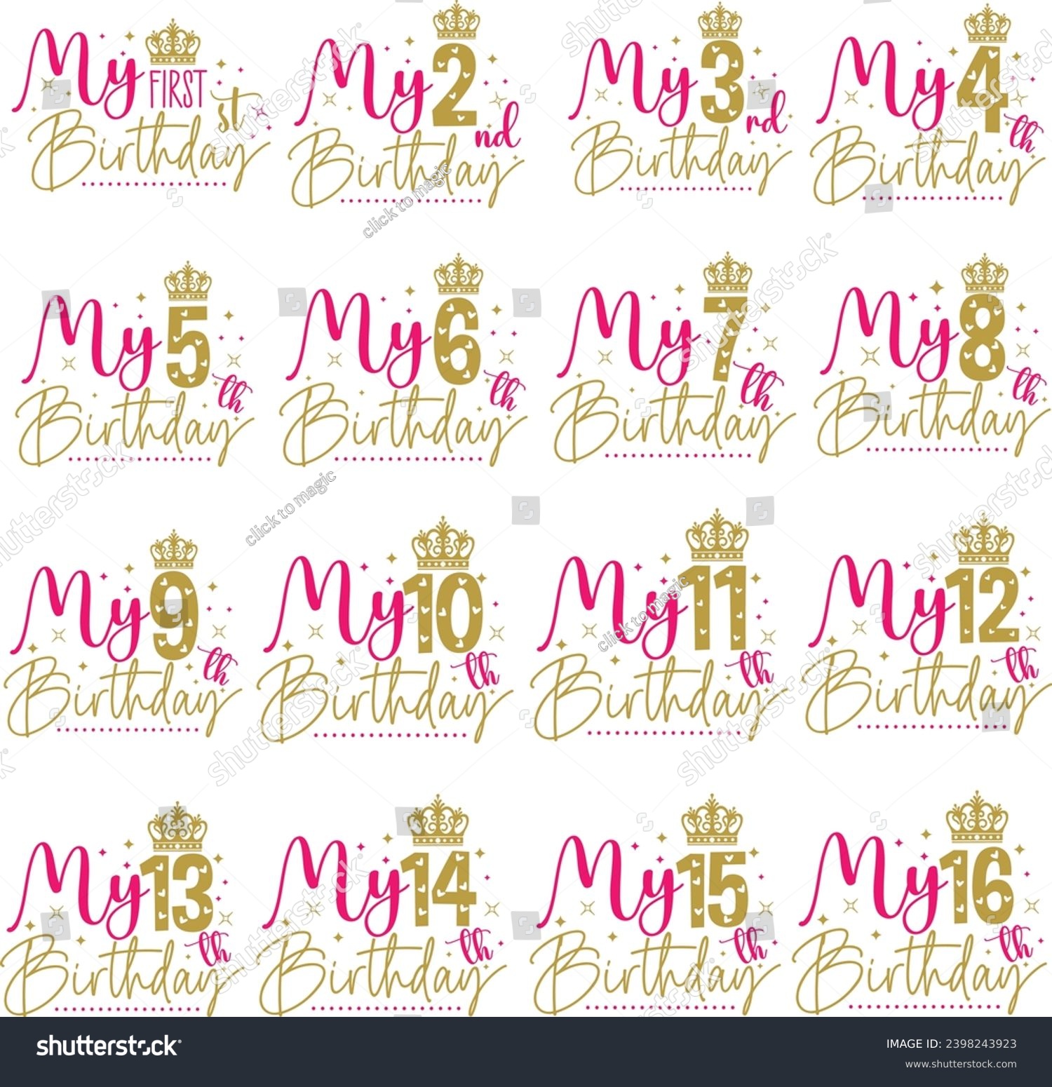 SVG of Birthday wishes Greeting design first to sixteen vector text design gold and pink svg
