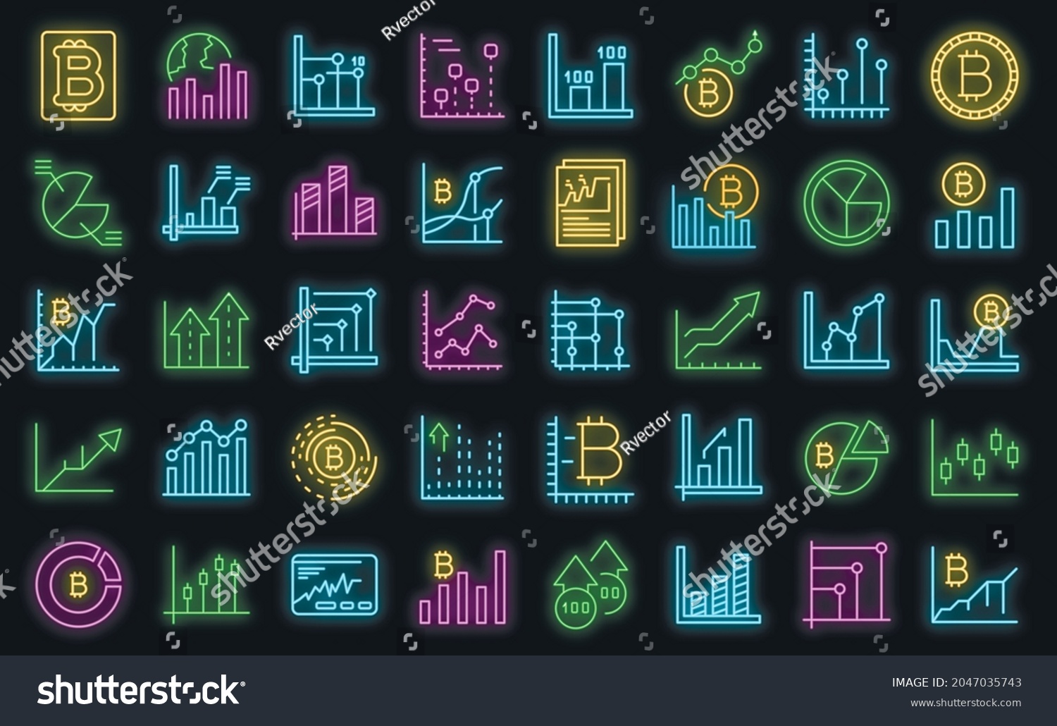 SVG of Bitcoin chart icons set. Outline set of bitcoin chart vector icons neon color on black svg