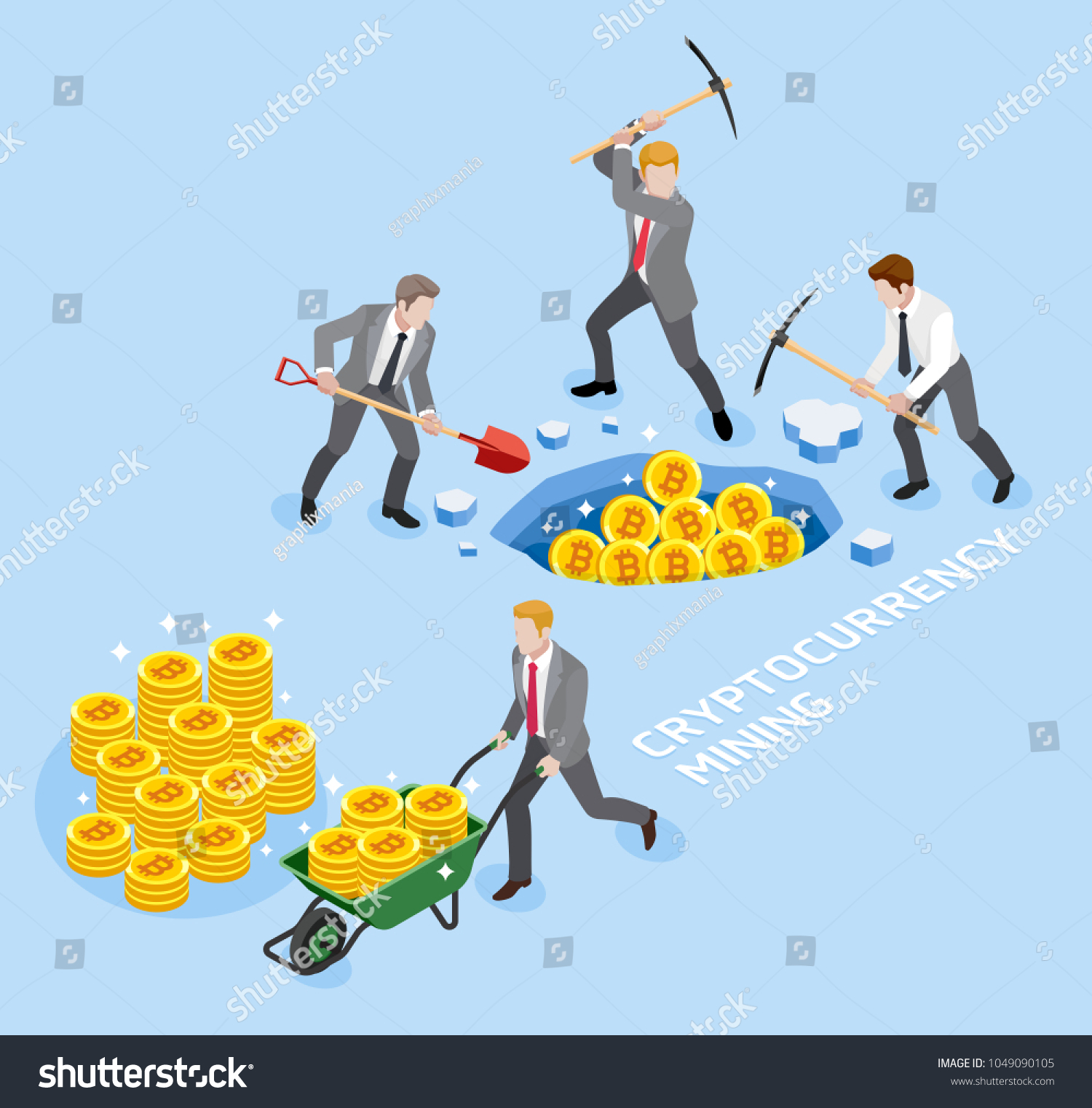 SVG of Bitcoin cryptocurrency mining concept. Group of business man use pickaxe working coin mine. Vector illustrations. svg