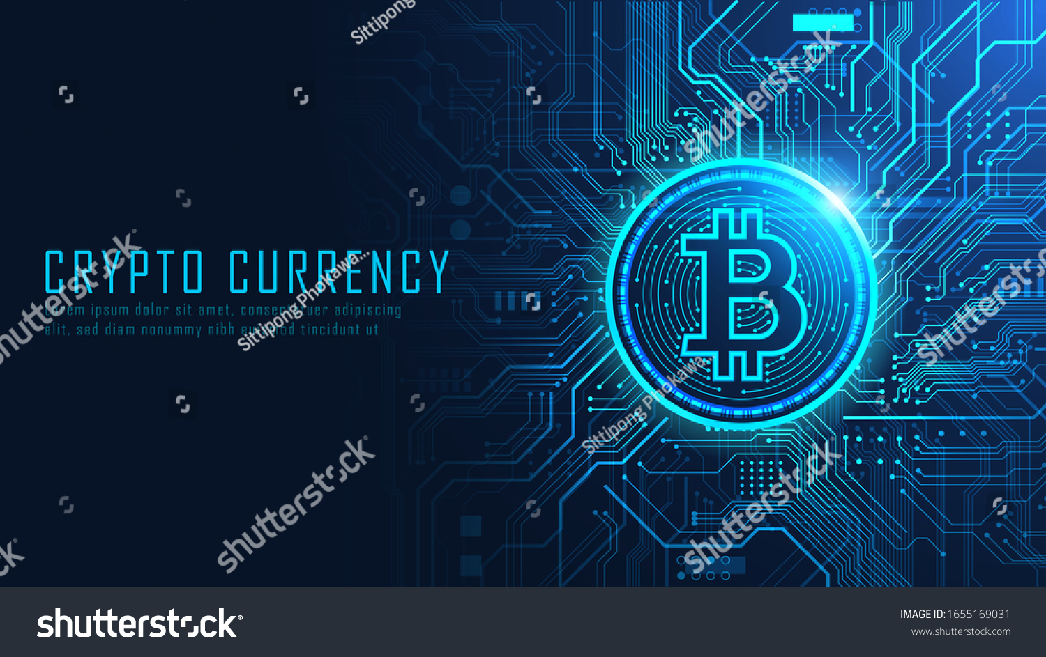 SVG of Bitcoin cryptocurrency on circuit board graphic with sample texts, Vector illustrator svg
