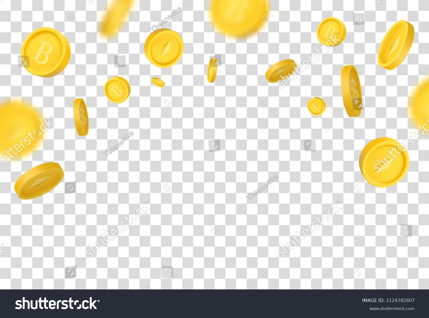 SVG of Bitcoin Ethereum cryptocurrency symbols. Rain of 3d Golden coins, Digital money splash on transparent background. Falling or flying money, digital currency payment, mining, finance concept. svg