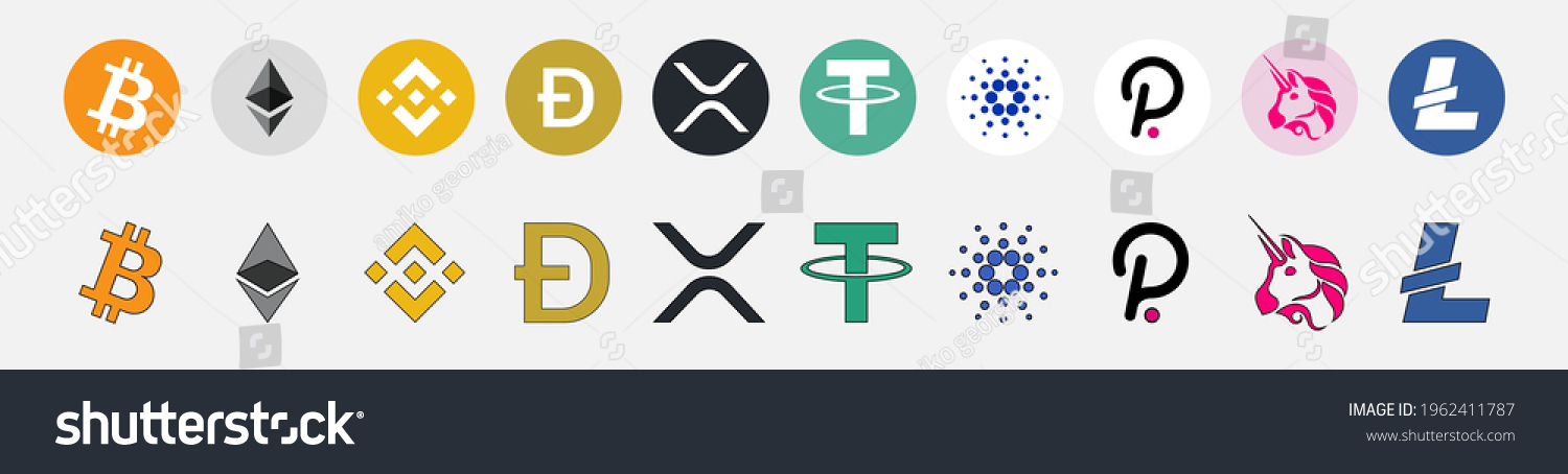 SVG of Bitcoin, Ethereum, Tether, dogecoin, Cardano, Binance Coin, Polkadot end xrp Bitcoin. vector svg