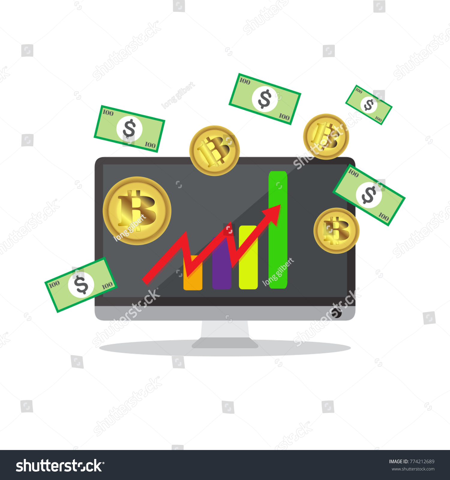 SVG of Bitcoin growth concept Payment and trade on computer symbol Bitcoin revenue illustration Stacks of gold coins like income graph with bitcoin Vector illustration isolated on background svg