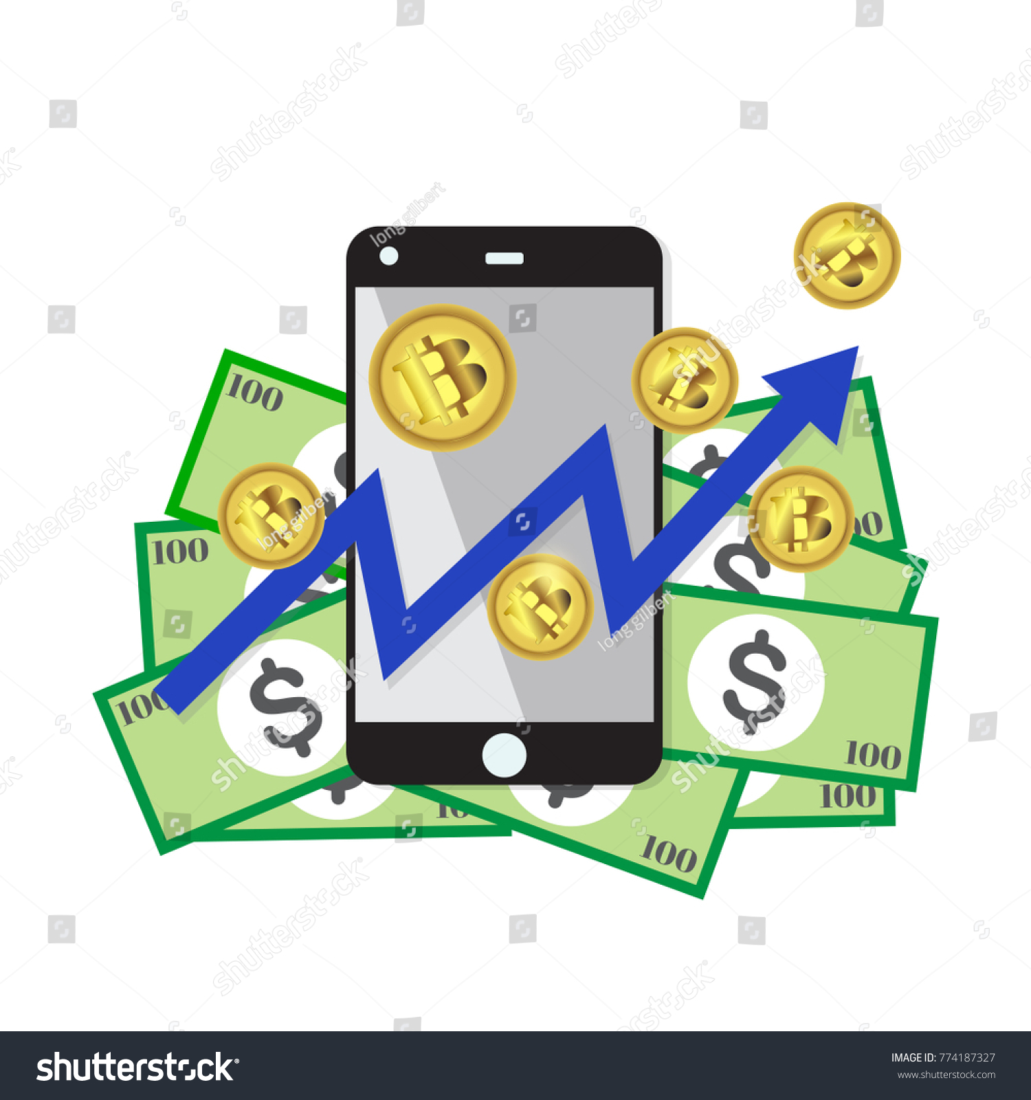 SVG of Bitcoin growth concept Payment and trade on smartphone symbol Bitcoin revenue illustration Stacks of gold coins like income graph with bitcoinVector illustration isolated on background svg