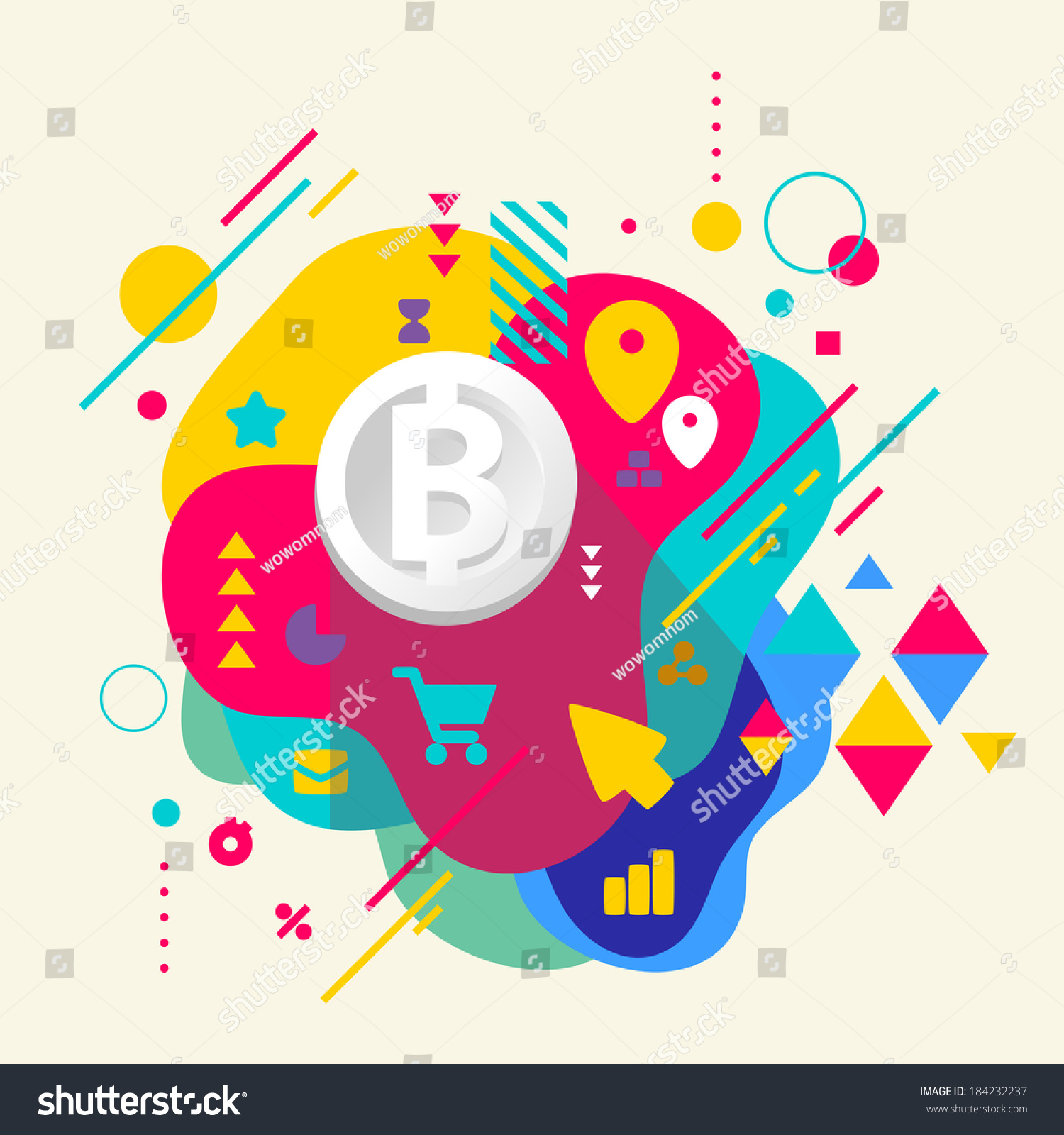 SVG of Bitcoin on abstract colorful spotted background with different elements. Flat design. svg