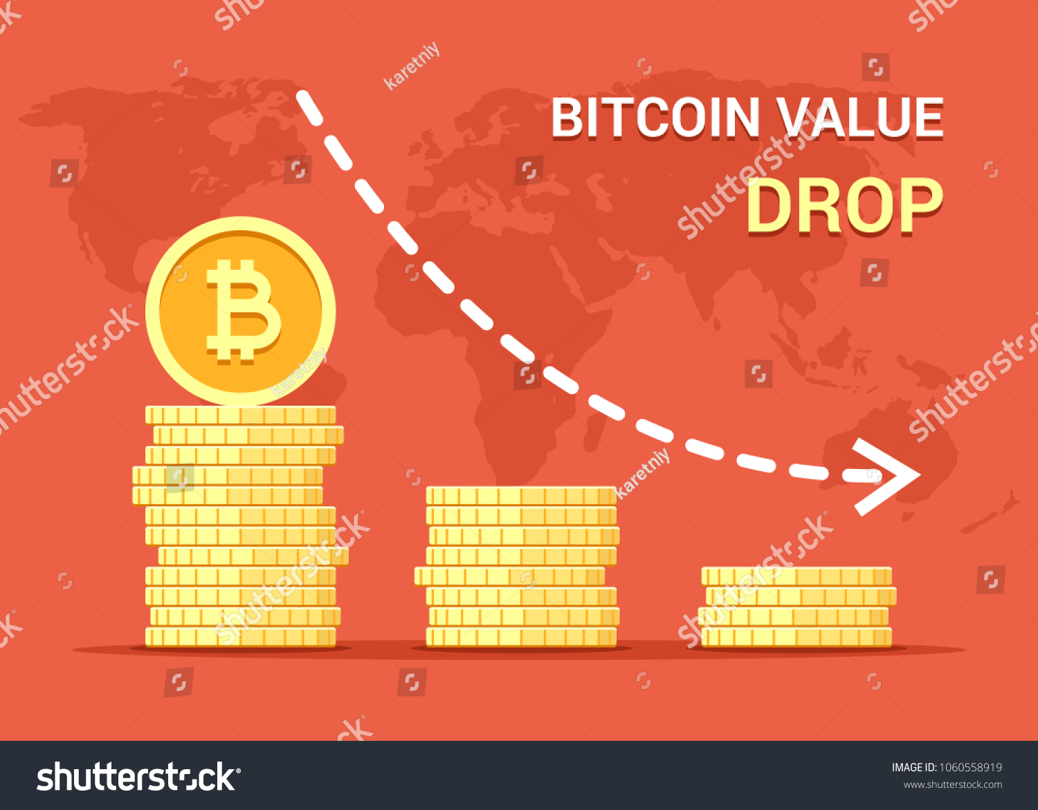 SVG of Bitcoin value drop down concept illustration. Stacks of gold vector flat coins svg