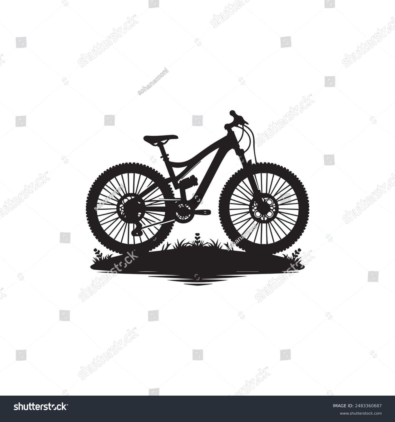 black mountain bike silhouette on grass clip art preview
