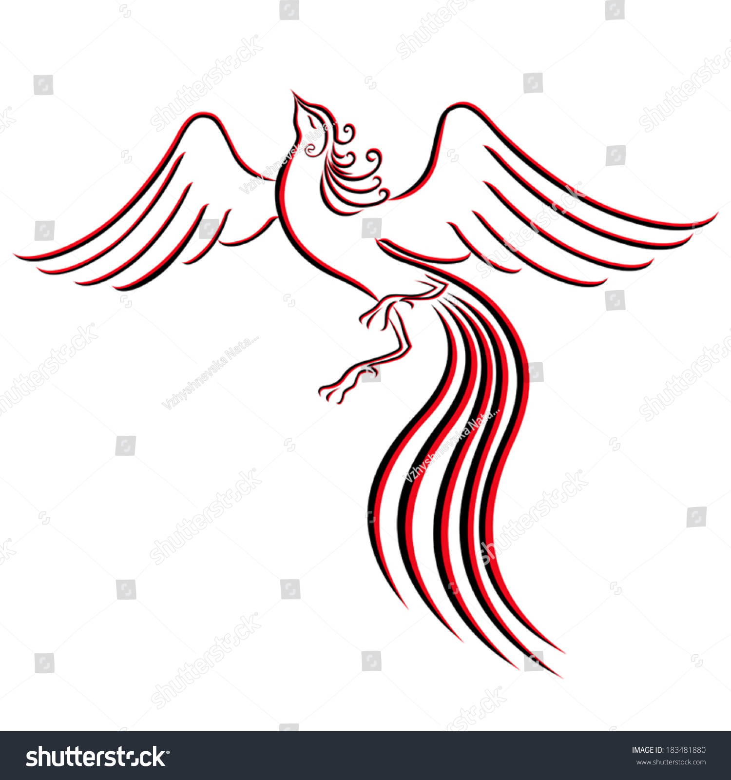 Black And Red Graceful Firebird Contour Isolated Over White. Hand ...