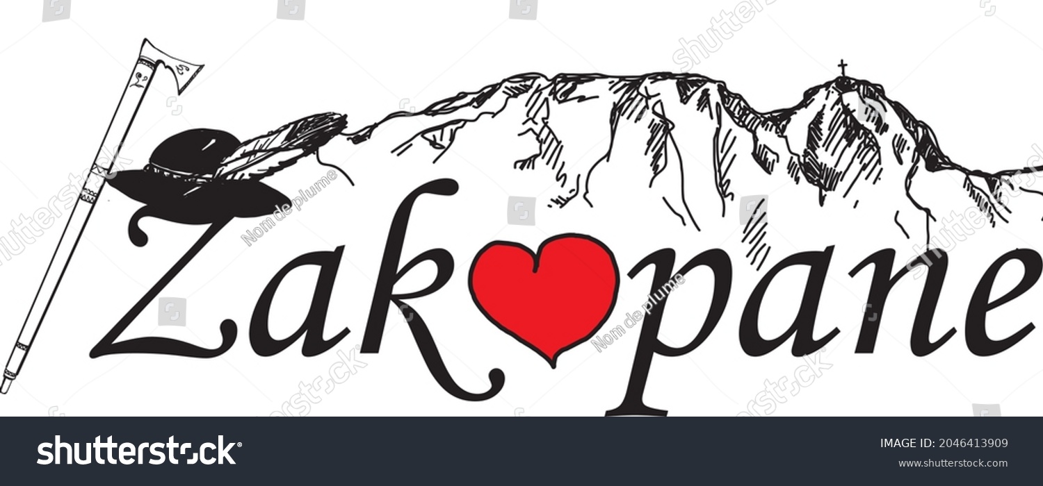SVG of Black and red graphics depicting mountains, a highlander hat, a highlander ax and the inscription Zakopane. svg