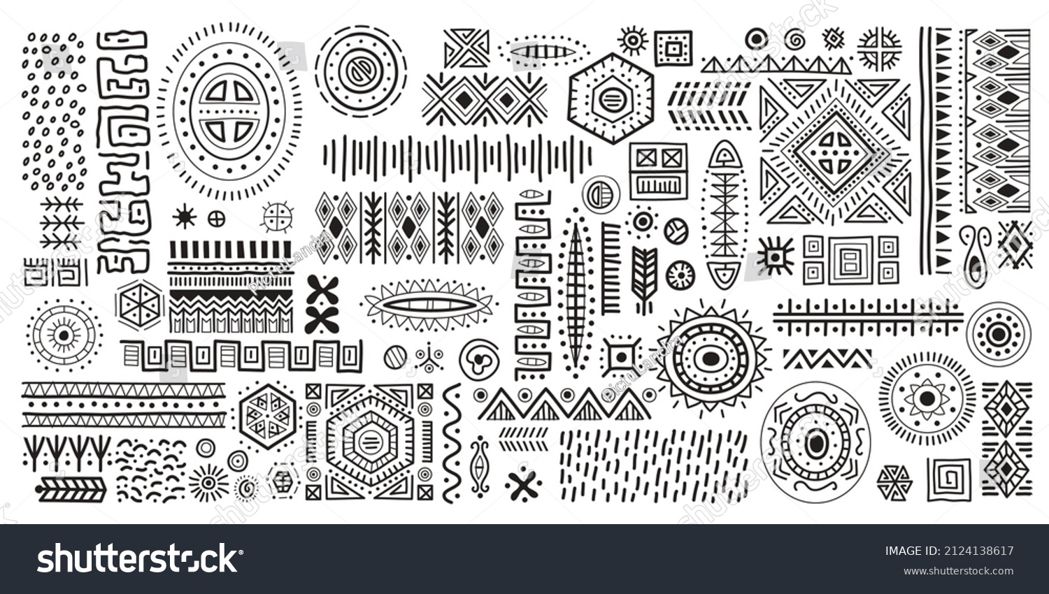 SVG of Black and white African art decoration tribal geometric shapes set. Pen and ink drawing of ancient ethnic traditional symbols and ornate signs. Hand-drawn oriental elements in doodle style. svg