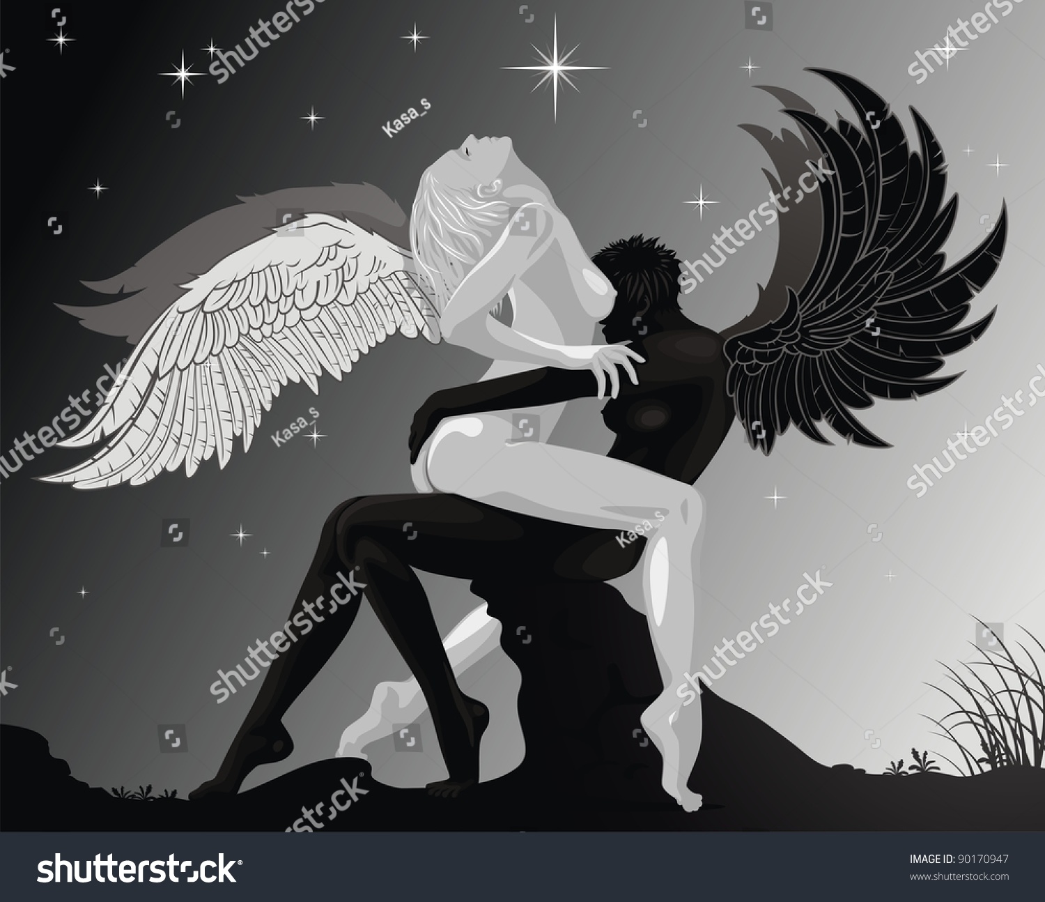Black White Angels Embrace Impulse Passion Stock Vector 90170947