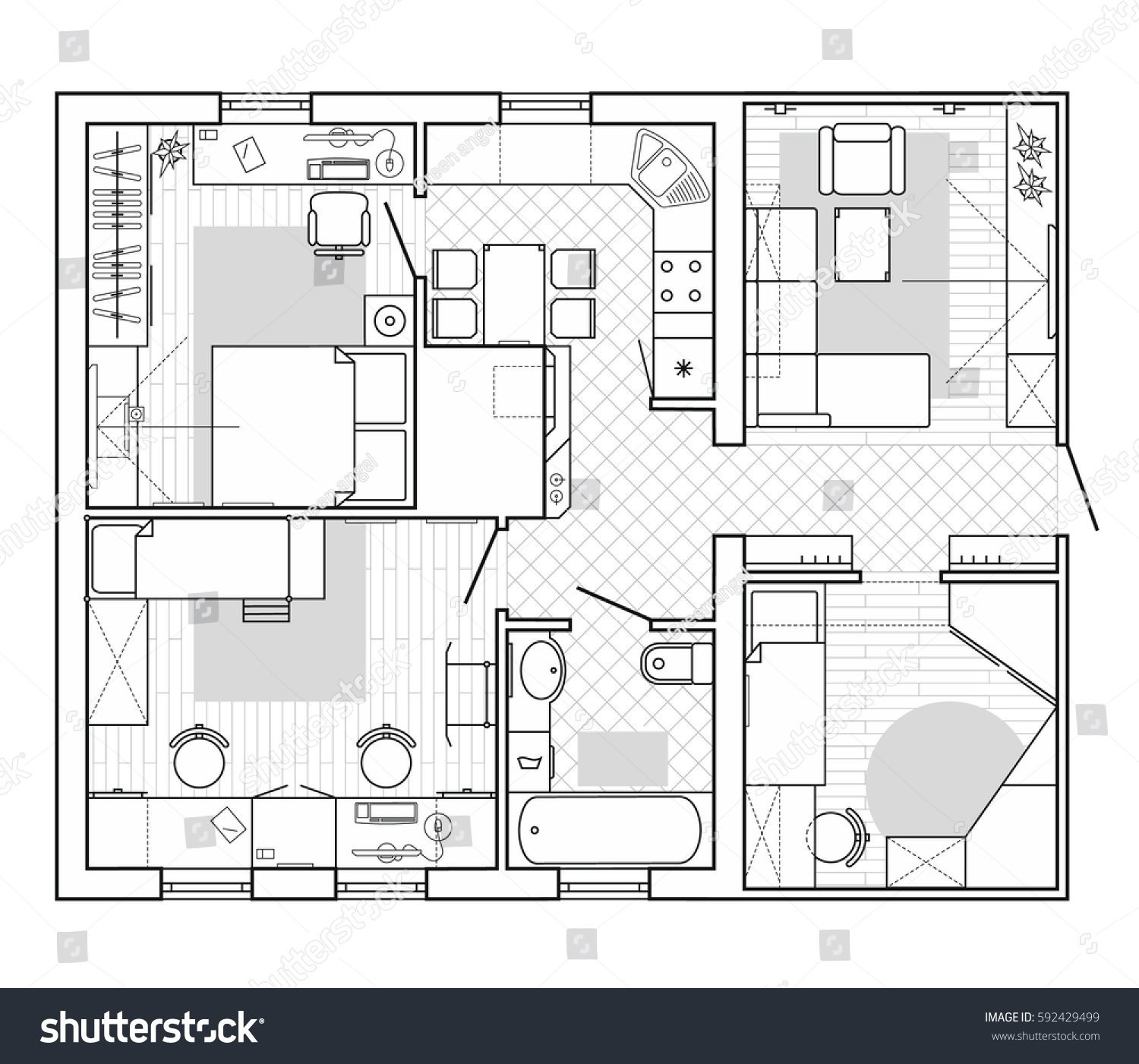 Black White Architectural Plan House Layout Stock Vector 592429499